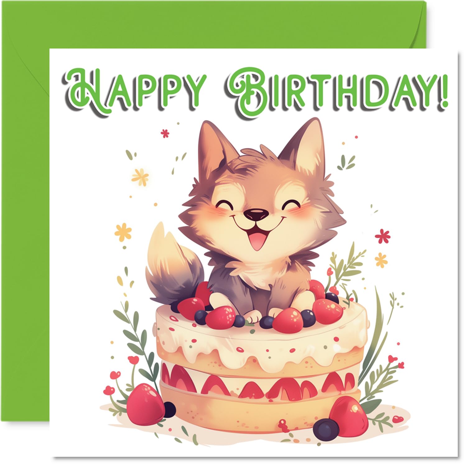 Wolf Birthday Cards - Animal Cake - Happy Birthday Card for Son Daughter Brother Sister Grandson Granddaughter Niece Nephew Cousin, 145mm Bday Greeting Cards