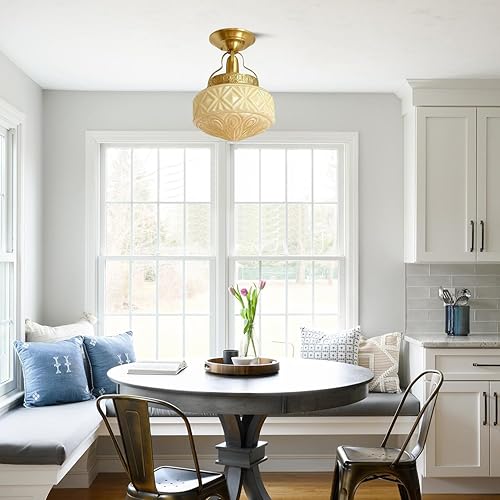 Miniatura 5 de Lámpara de techo semiempotrada dorada, lámpara de latón, luces de techo de vidrio amarillo leche vintage, lámparas de pasillo, lámpara de mediados