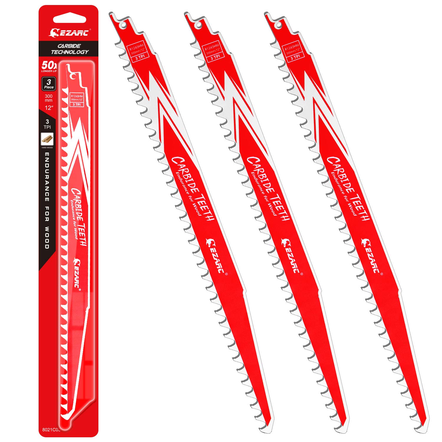 EZARCCarbide Reciprocating Saw Blade R1243HM Endurance for Hard Wood 300mm 3TPI, 3-Pack