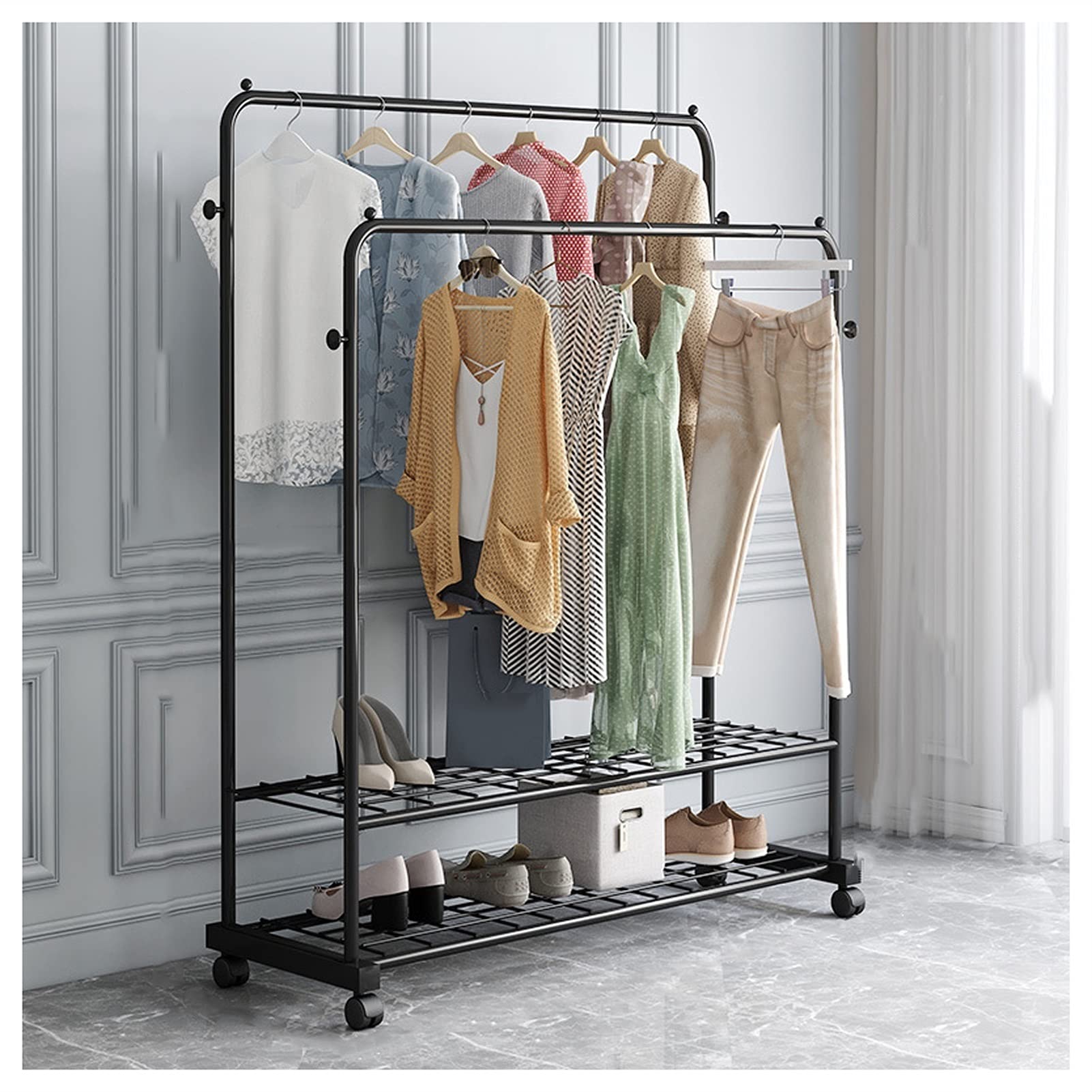 YNBSHGAA 2 Tier Clothes Rail with Storage Shelves & Casters, Standing Garment Rack for Bedroom, Heavy Duty Clothing Display Stand,Black-100cm