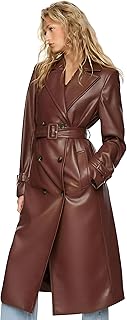 معطف من الجلد الصناعي مزدوج الصدر - نمط خندق بني مع حزام، ملابس خارجية كلاسيكية طويلة الطول للارتداء في الخريف والشتاء