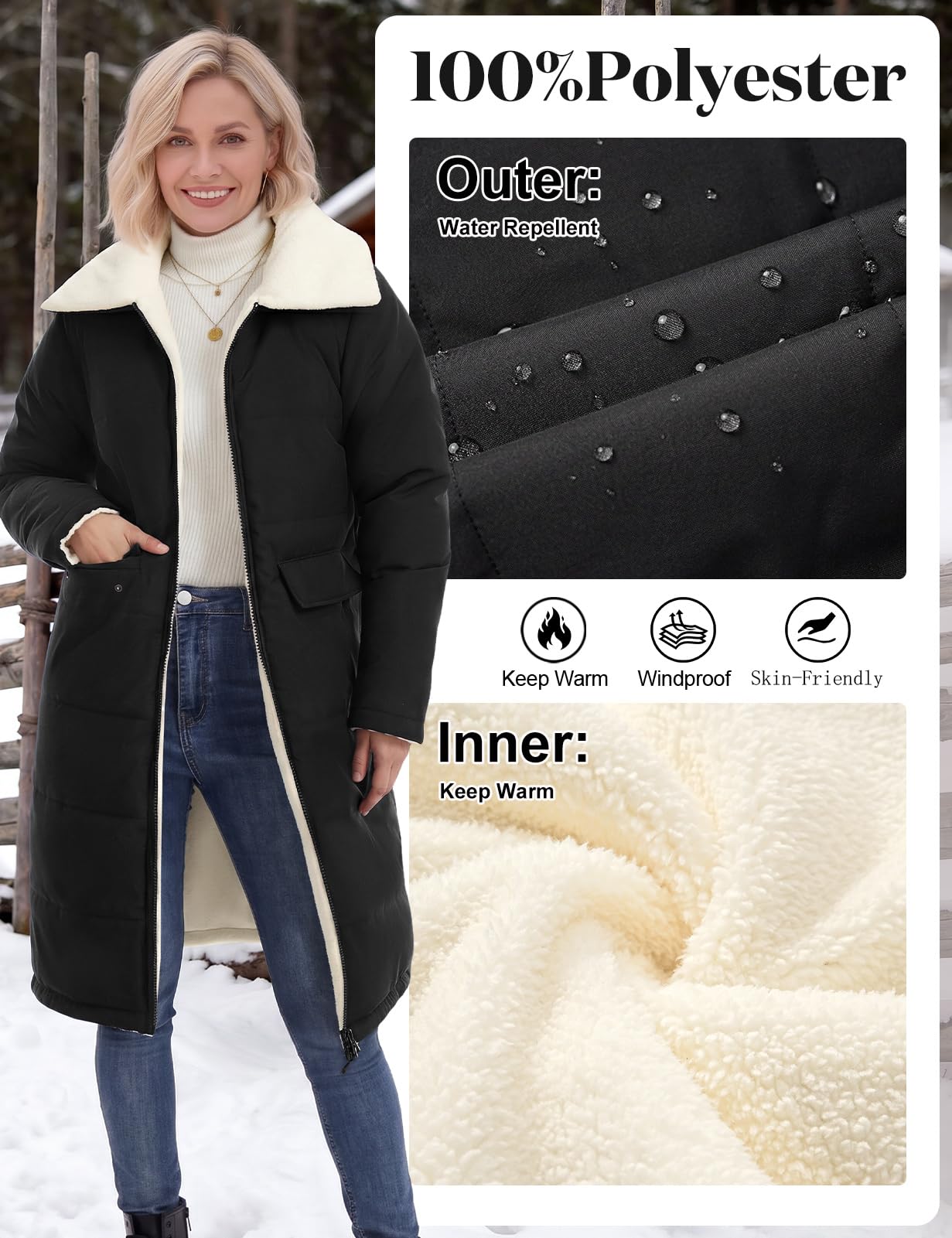 Tuopuda Manteau Femme Hiver Long Veste Polaire Chaud Parkas Matelassée Élégant à Col Blouson Zippée Coupe-vent Casual Manteaux Manches Longues avec Poches