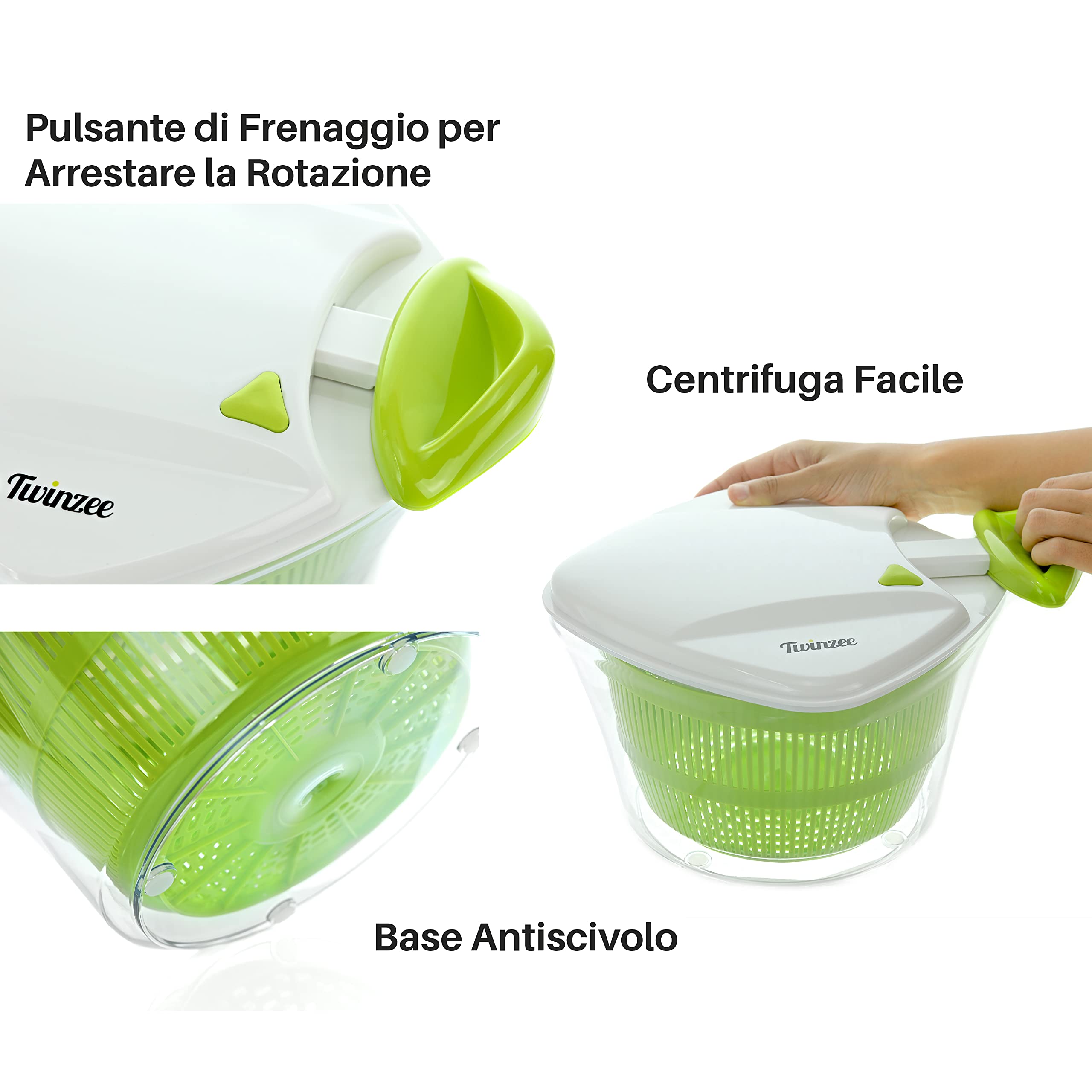 Twinzee Centrifuga Insalata - Grande Capienza 5L - Design Innovativo