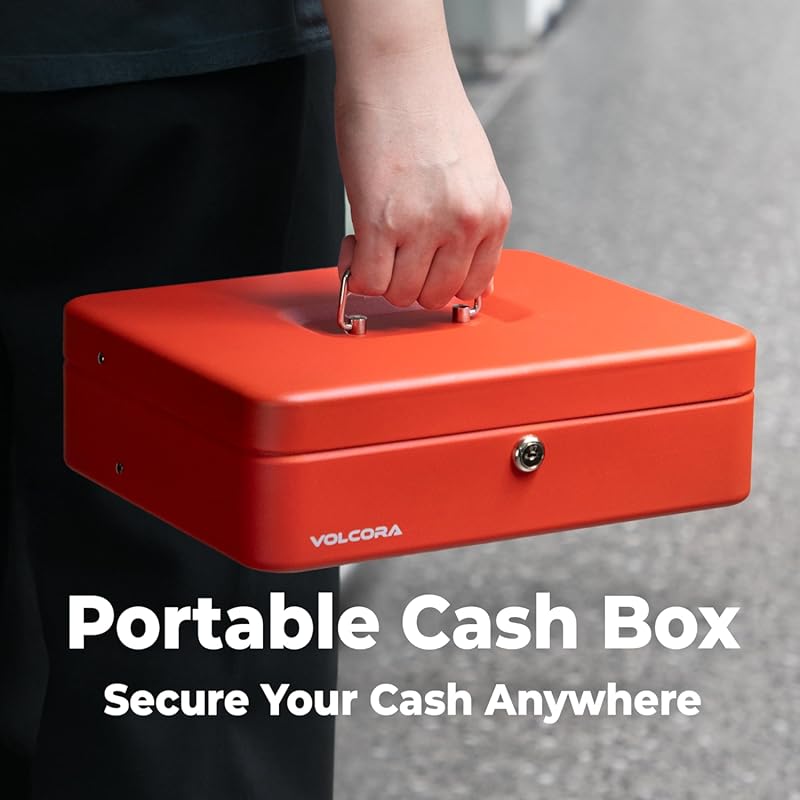 Volcora Large Cash Box with Key Lock, Metal Money Box for Cash, Portable Locking Safe Box with Money Tray, Durable Money Saving Organizer for Yard Sale, Garage Sale, Small Business, Red