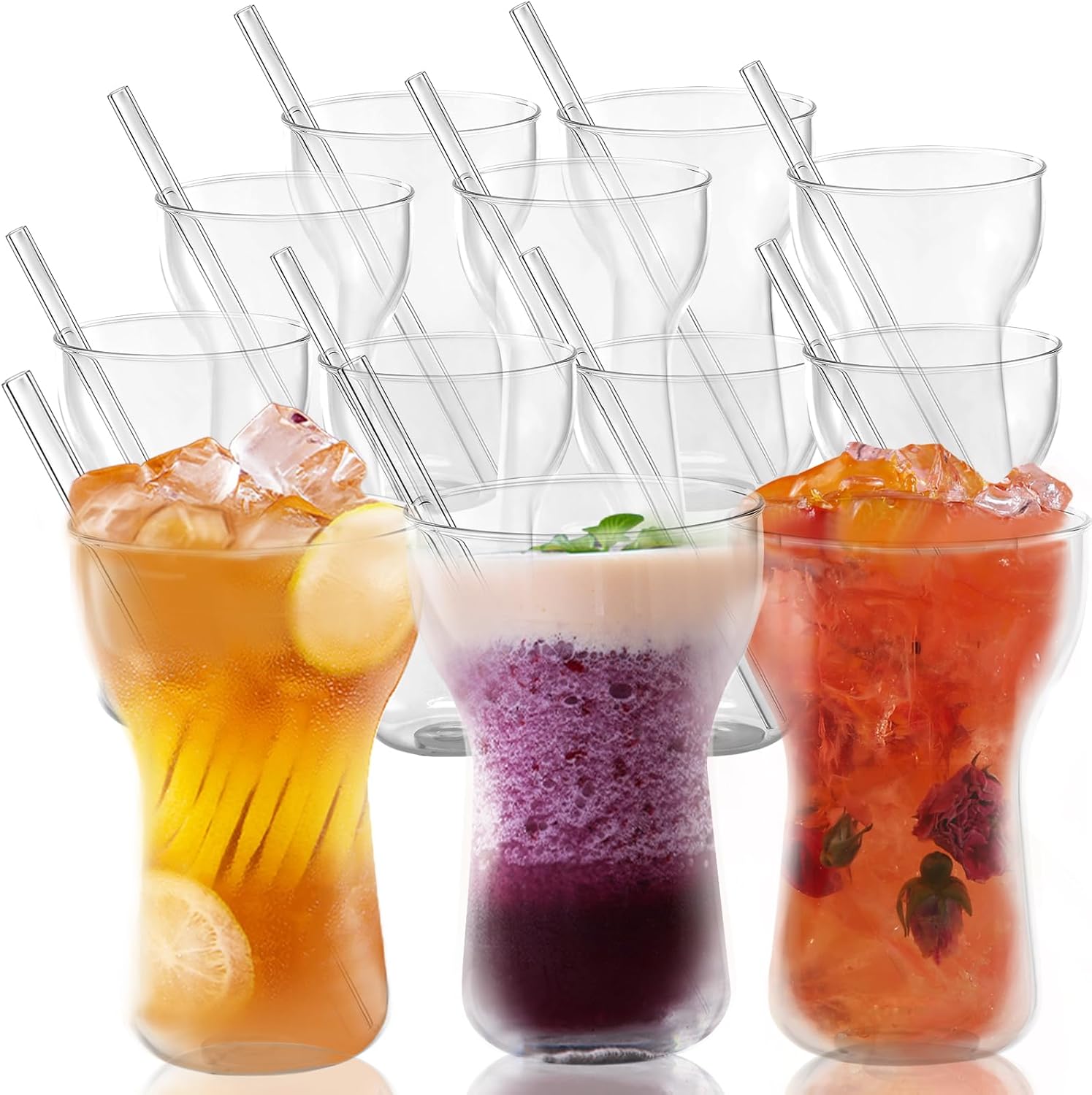 12Pcs Transparent Drinking Glasses with Glass Straws 13Oz/400ml Glass Cups Glassware Sets Tall Drinking Glasses for Water Juice Cocktails Wine Beer and Whiskey Highball Glasses for Restaurant (12)