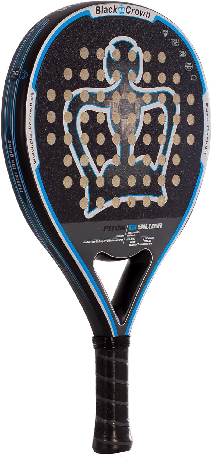 Black Crown - Paddle Racket Piton 12 Silver - Round Shape - Control and Power - Weight 355 to 370 g - Frame 38 mm with Double Tubular Carbon Fiber 80% - Resistant - Professional Level