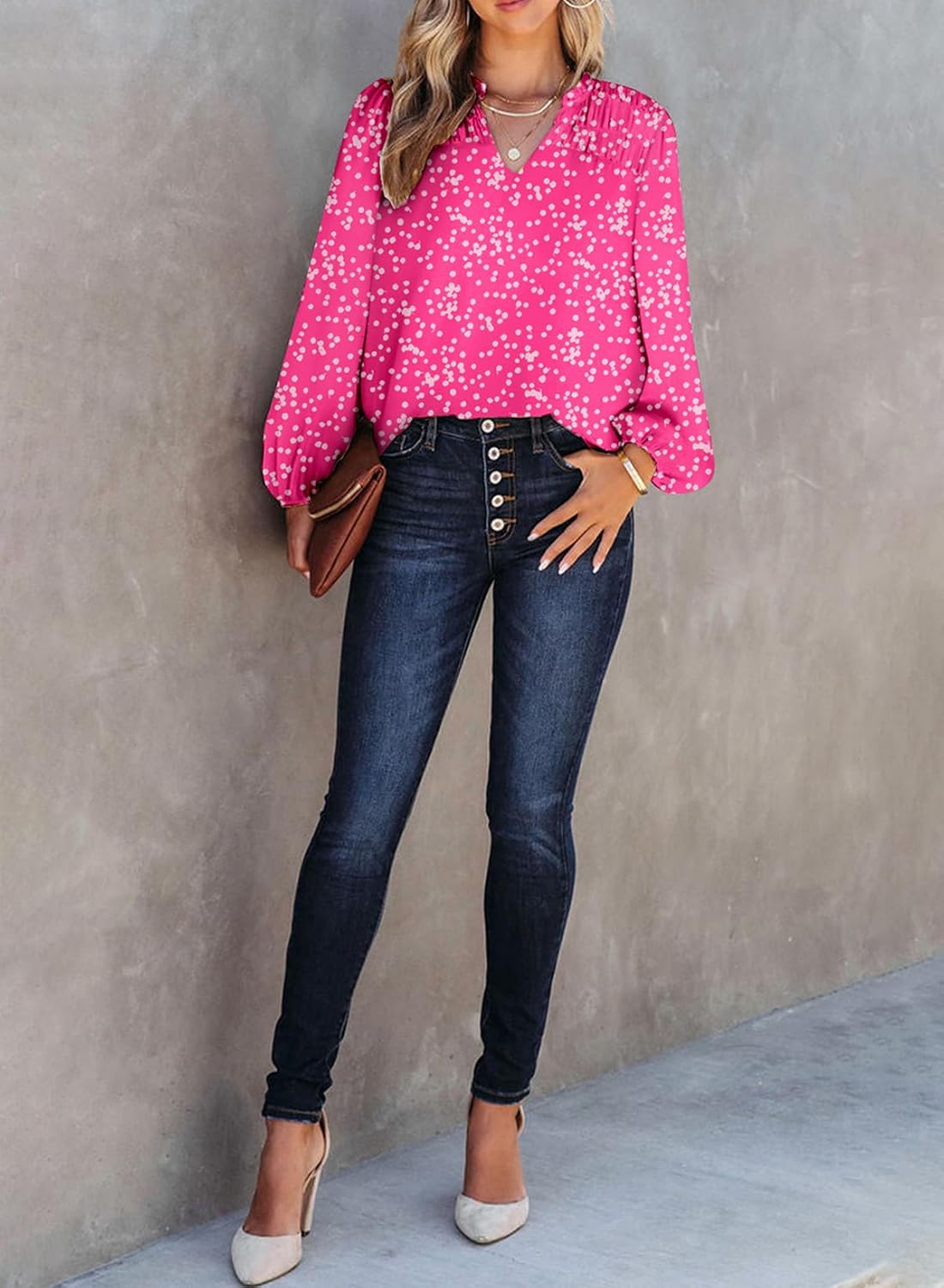 BLENCOT Women's Casual Boho Floral Print Chiffon Blouses Smocked V Neck Long Sleeve Loose Tops Shirts - Image 3