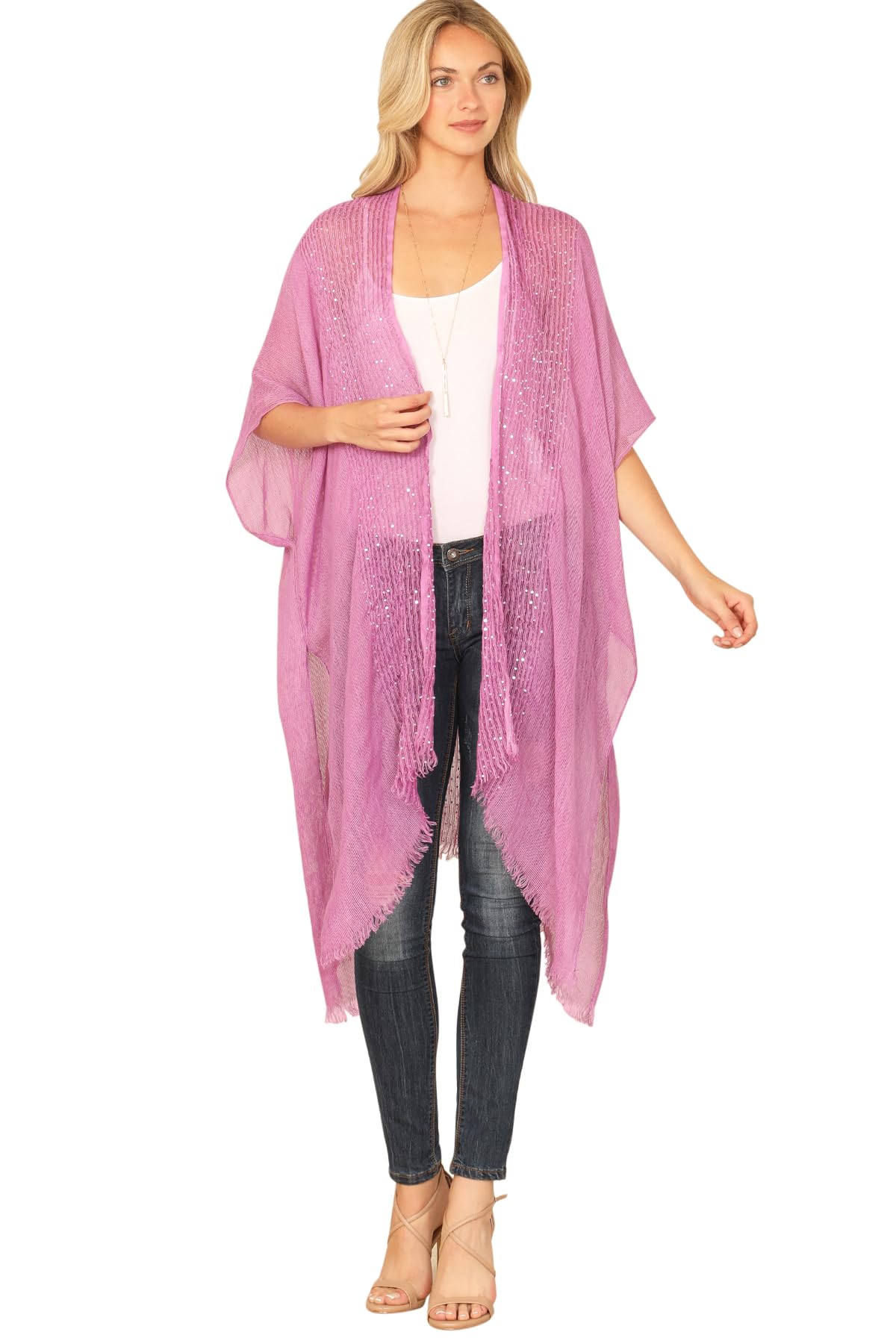 RIAH FASHION Bohemian Sequin Glitter Shawl Wrap Poncho - Kimono Cardigan, Sparkly Metallic Mesh Scarf, Open Knit Crochet