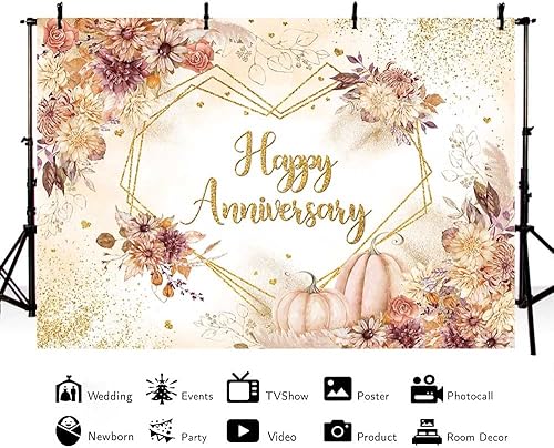Miniatura 2 de MEHOFOND Telón de fondo bohemio de otoño de 7 x 5 pies, para otoño, calabaza, floral, pareja, boda, aniversario, fotografía, fondo dorado, puntos