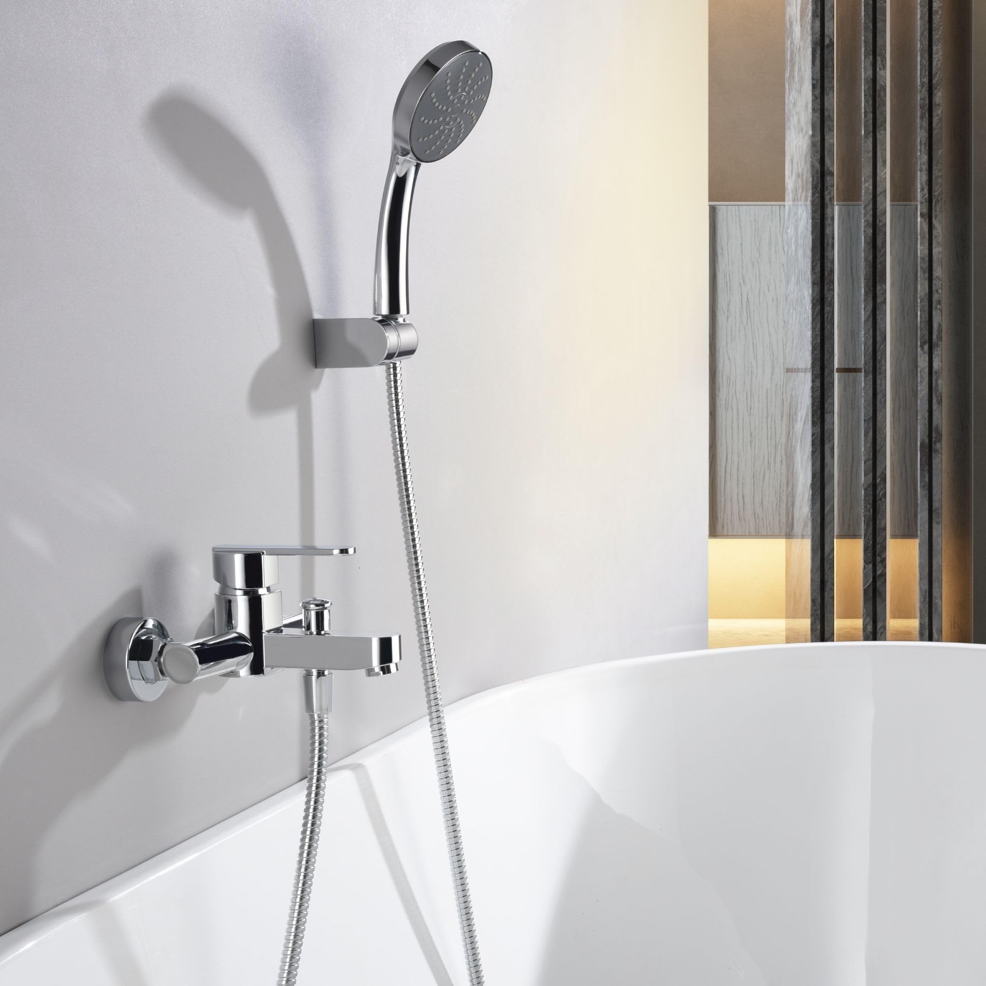 IMEX - Grifo Bañera y Ducha Monomando Cromado | Grifo Mezclador de Pared con Soporte Alcachofa de Ducha y Manguera | Grifería en Latón y Acero Inoxidable S.304 | Serie Roma