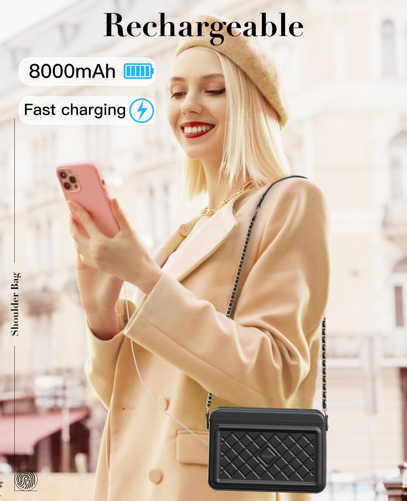 iDiskk MFi Certified shoulder aluminum alloy Fingerprint & Password electronic security Anti-theft safe Box, innovative lockable Bag for women,built in 8000mAh