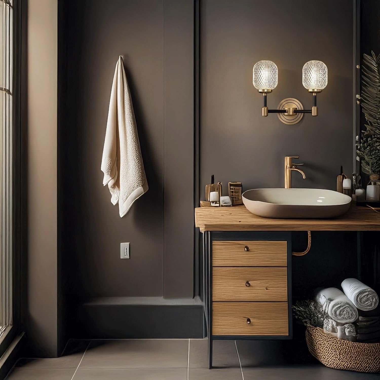 Modern Luxury Wall Sconce Brass Finish & Textured Glass Shade Double Head Wall Lamp for Living Room Bedroom Bedside Hallway Entryway Dining Room Hotel Nordic Accent Decor Lighting Fixture