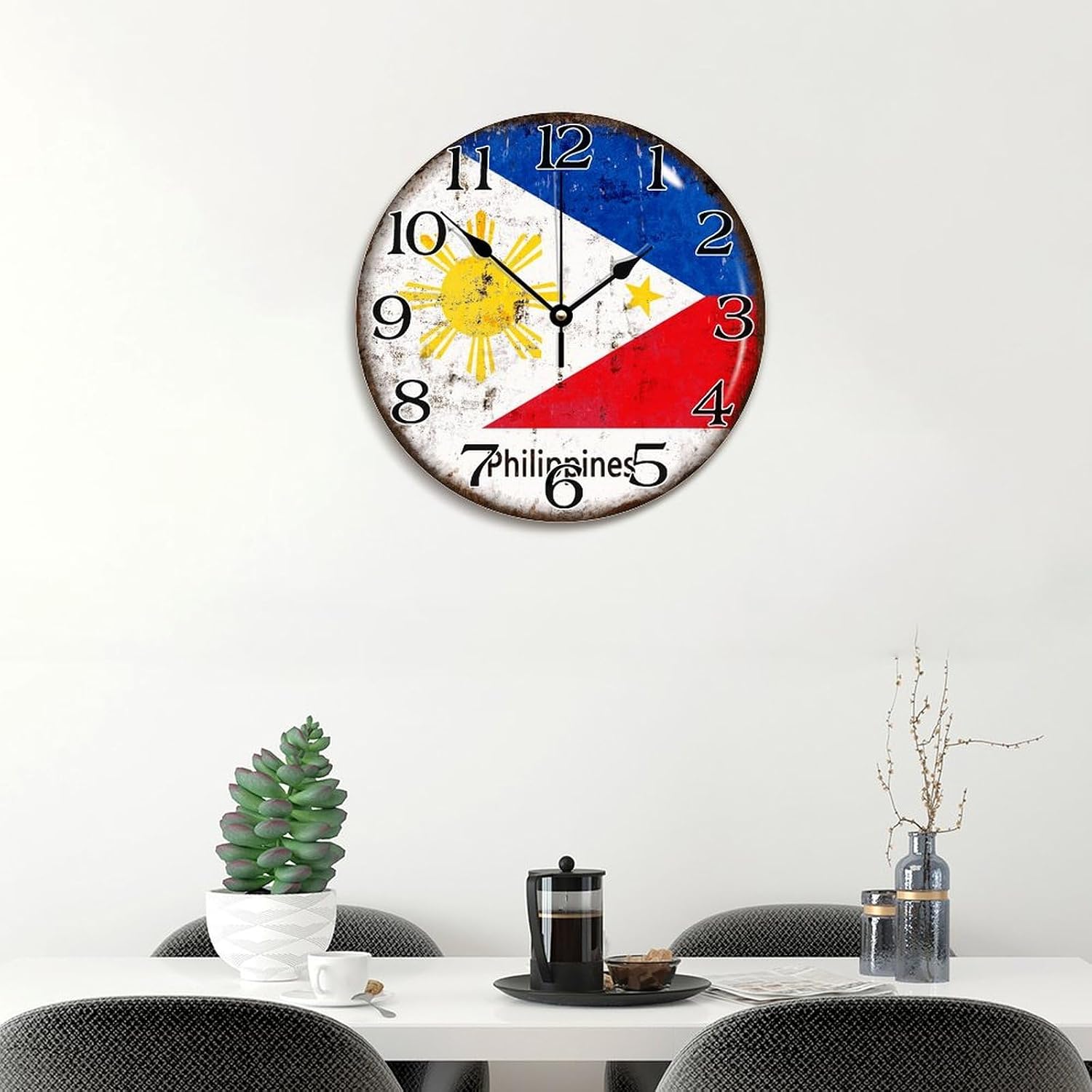 Philippines National Flag Wall Clock Philippines 12 Inch Wooden Wall Clocks Battery Operated Silent Wall Hanging Art Rustic Home Decor for Living Room Kitchen Bedroom Bathroom