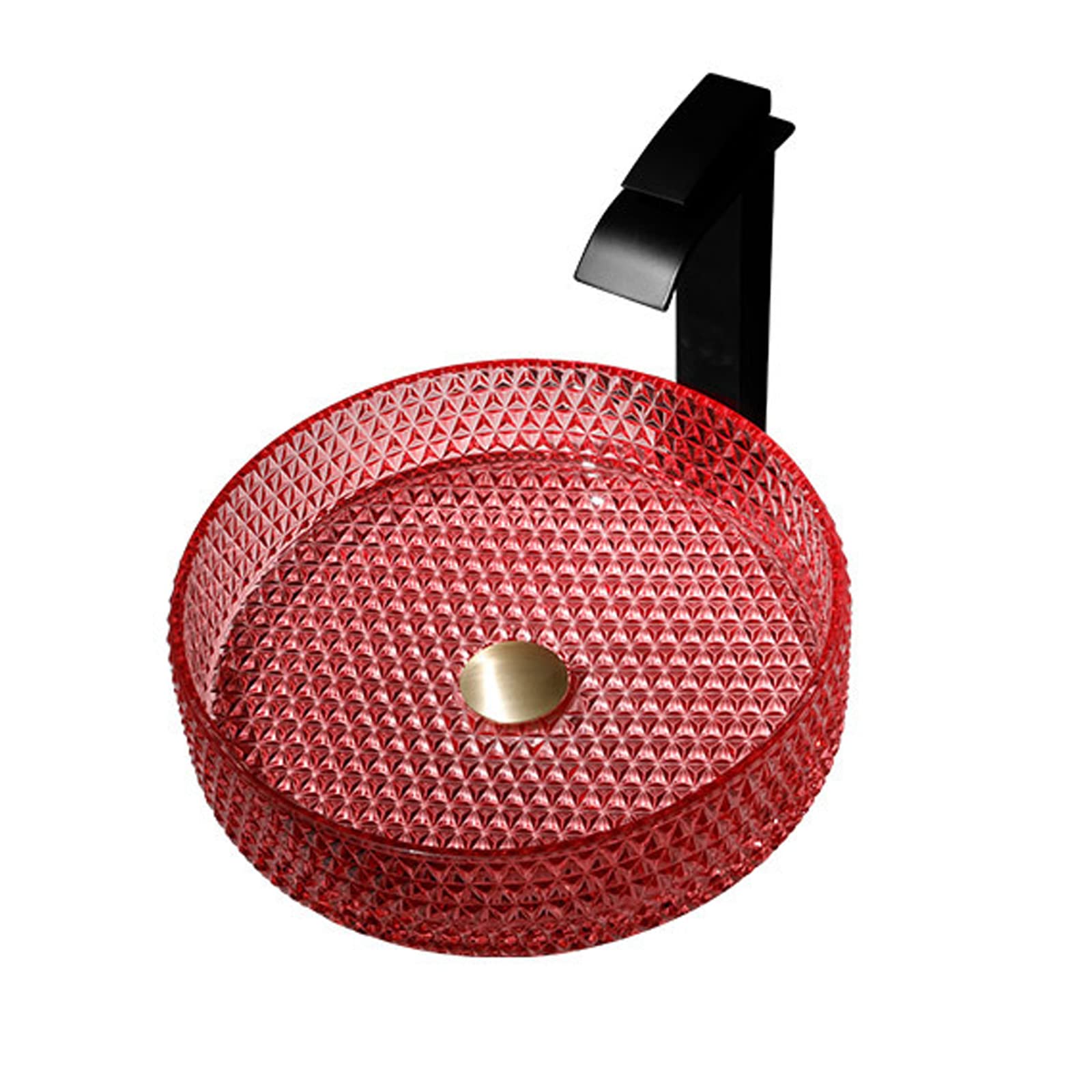 ASerZenith Bathroom Vessel Sink, Artistic Round Tempered Glass Sink,Red Countertop Sink Basin Bowl With Black Waterfall Faucet And Pop Up Drain