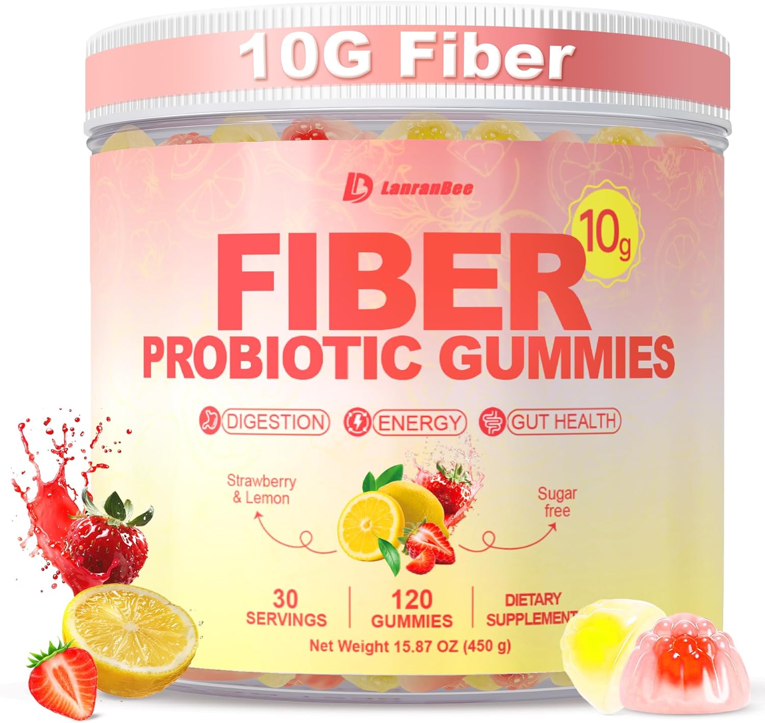 10g Fiber Gummies for Adults with 60 Billion CFU Probiotics, Sugar Free Fiber Supplement with Organic Super Greens & Digestive Enzymes, Supports Gut Health, Energy & Regularity, Vegan, 120 Count
