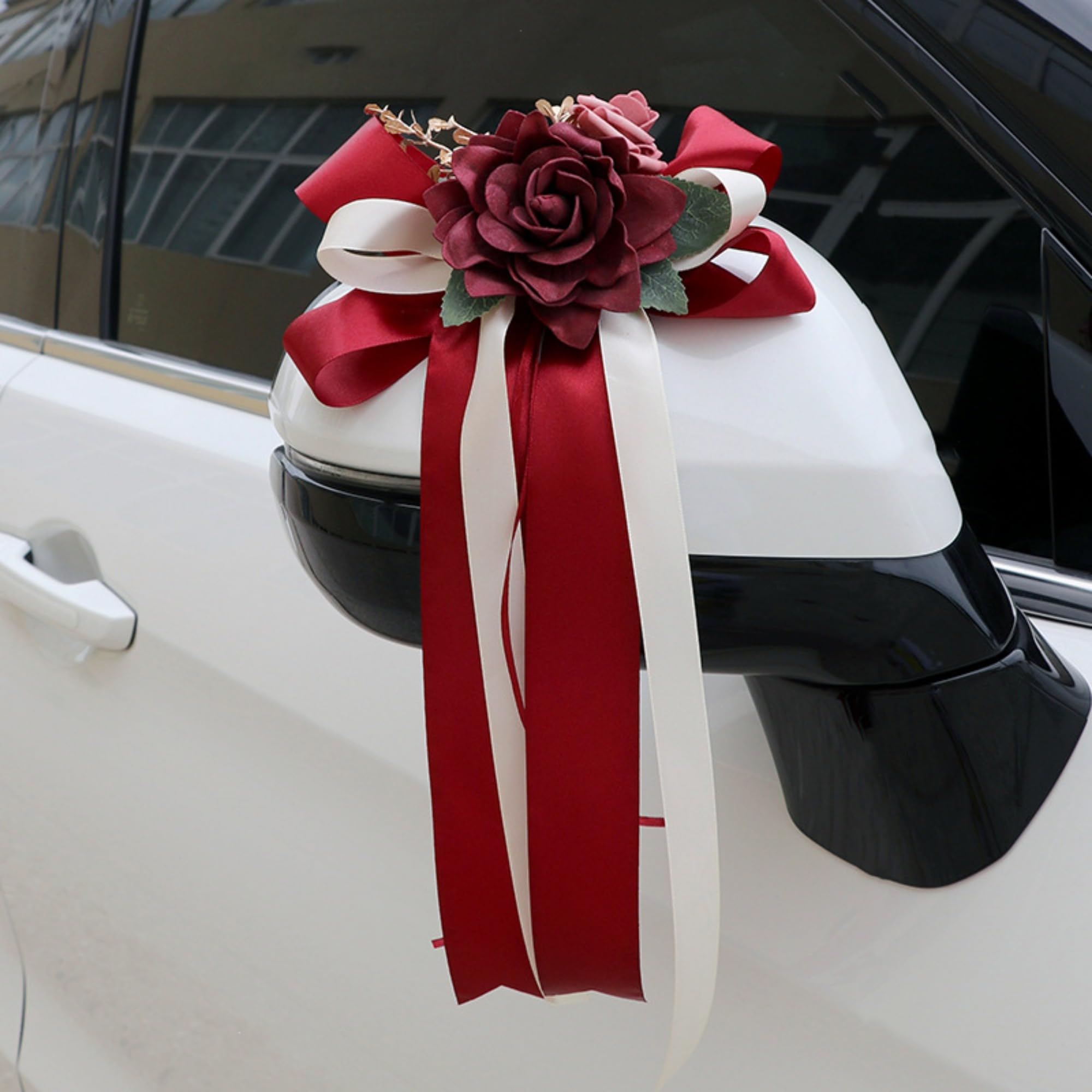 ZBELLO 6 Pcs Wedding Car Ribbon, Car Bow for Rearview Mirrors und Car Door Handle, Rose Flowers for Wedding Car Decorations (Red)