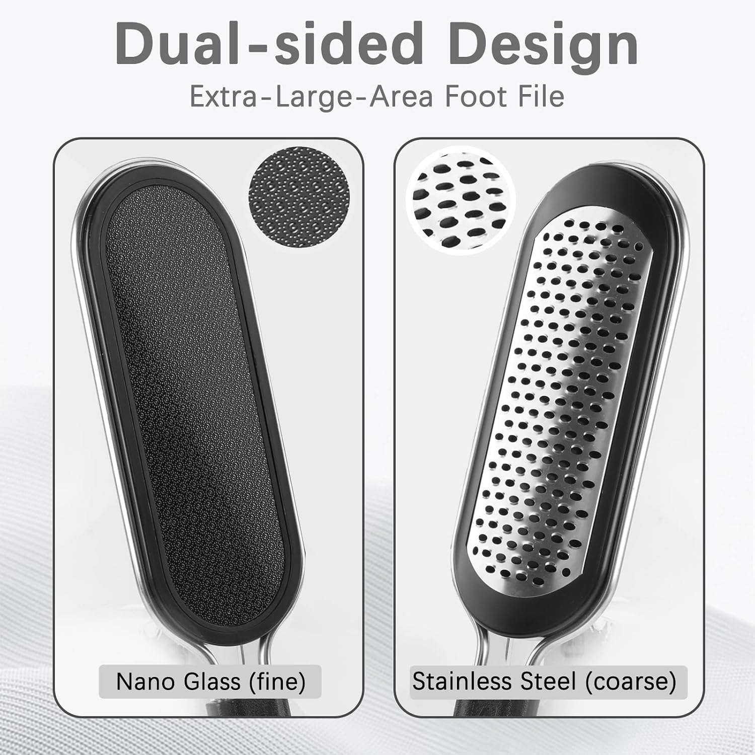 FREATECH Nano Glass & Stainless Steel Foot File 2-in-1 Foot Rasp for Callus Remover, Professional Pedicure Tool for Hard Cracked Dead Heel Skin, Smooth Exfoliating Heel Care for Home Spa Shower