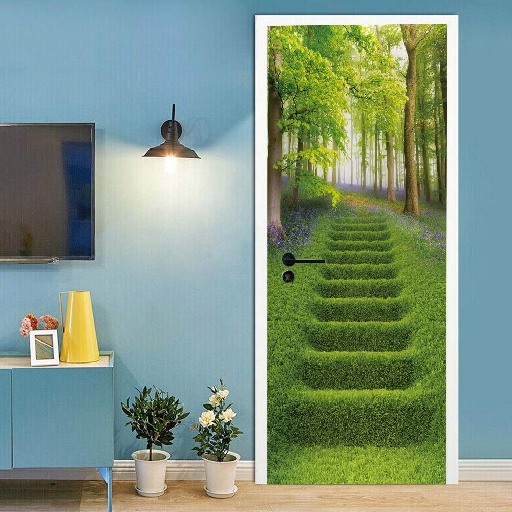 Sticker de porte étanche pour couloir sombre et déco trompe l'oeil paysage bois