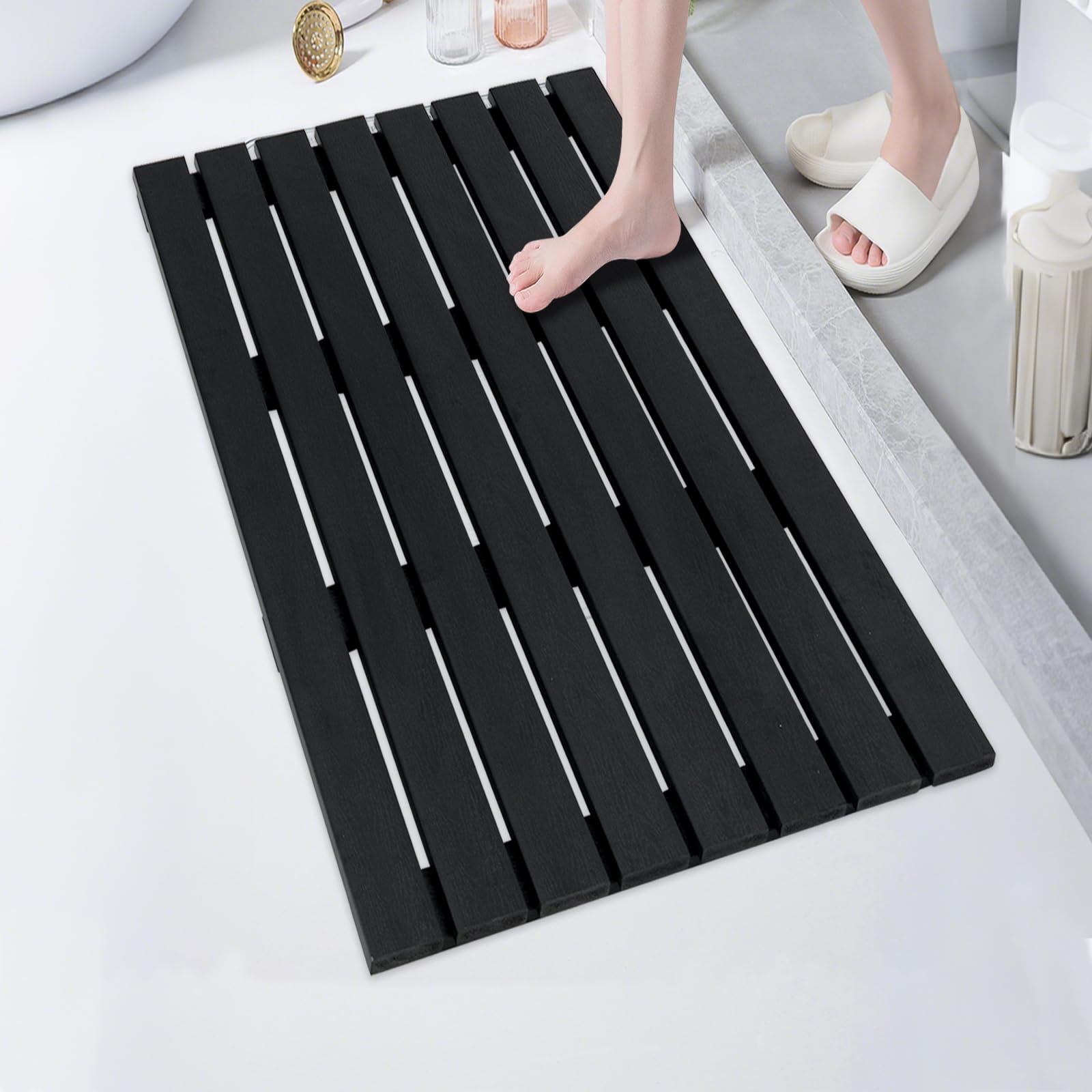 SOARS Tapis de Douche Antidérapant, Caillebotis Extérieur & Intérieur 100 X 60 CM, Matériau WPC Imperméable et Robuste, Finition Effet Bois, Charge 150 KG, pour Salle de Bain, Piscine, Entrée, Noir