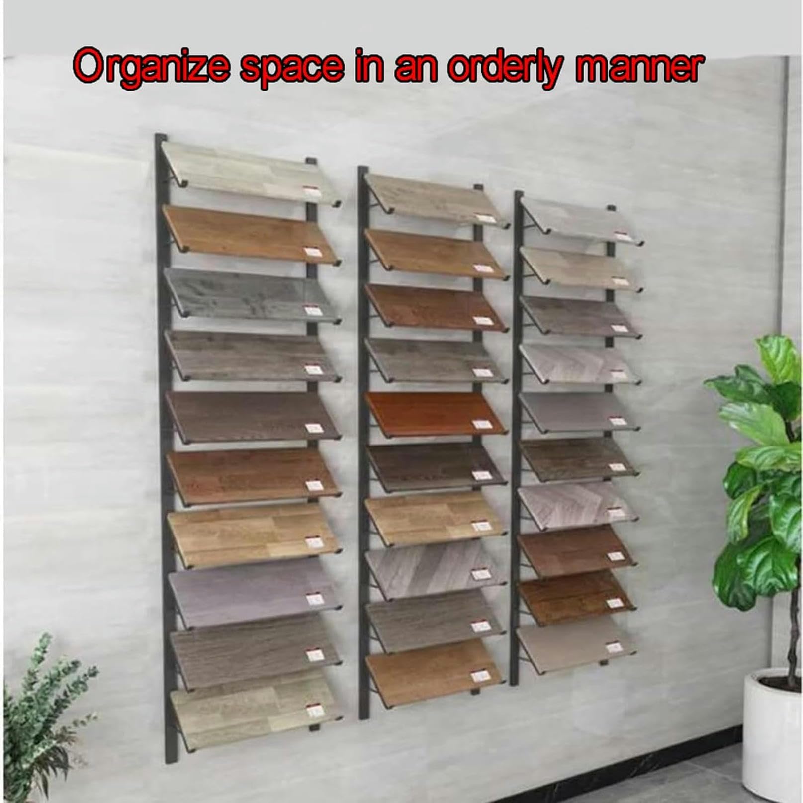 Présentoir mural polyvalent en métal et bois à 10 niveaux pour échantillons de carrelage – Vitrine murale polyvalente pour matériaux de construction, idéale pour la rénovation de la maison et la vente