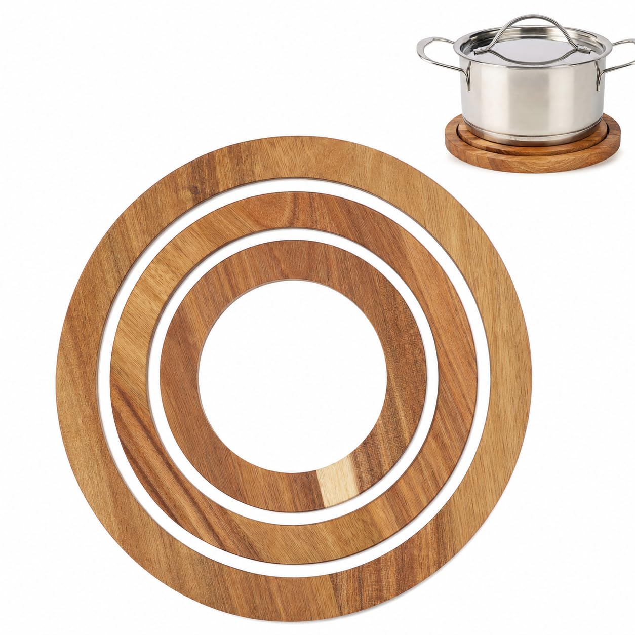 Envenzo 3 Piece Acacia Wood Trivet Set for Hot Pots and Pans, Round Heat Resistant Table Mats for Kitchen and Dining Table Protection, Wooden Pot Stand Set, 12 cm, 16 cm and 20 cm
