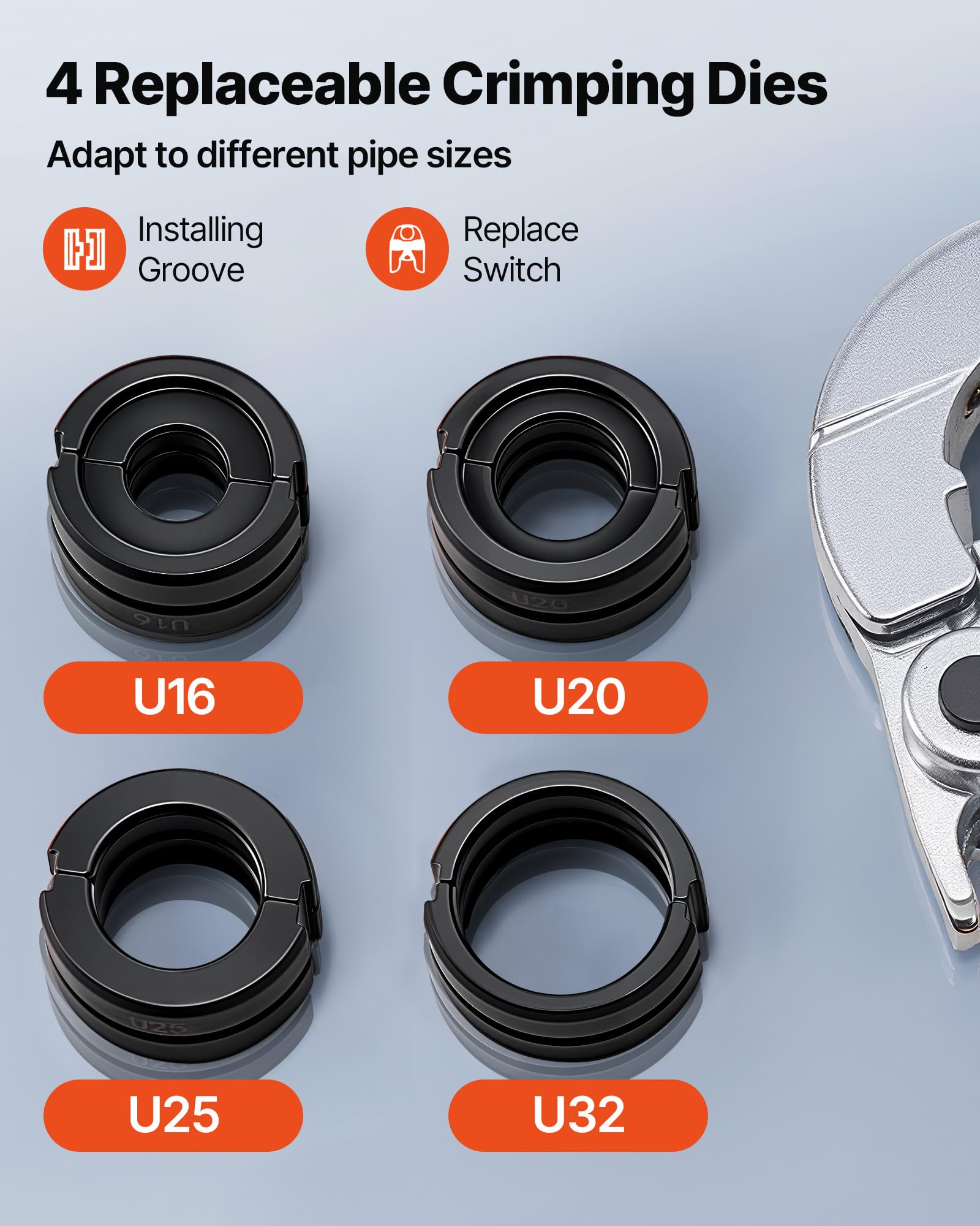 VEVOR Alicates de Prensa Hidráulica de Tuberías, Herramienta de Prensado para Tubos PEX y Aluminio-plástico con 4 Mordazas U16, U20, U25, U32 y Estuche, para Reparación, Instalación de Fontanería