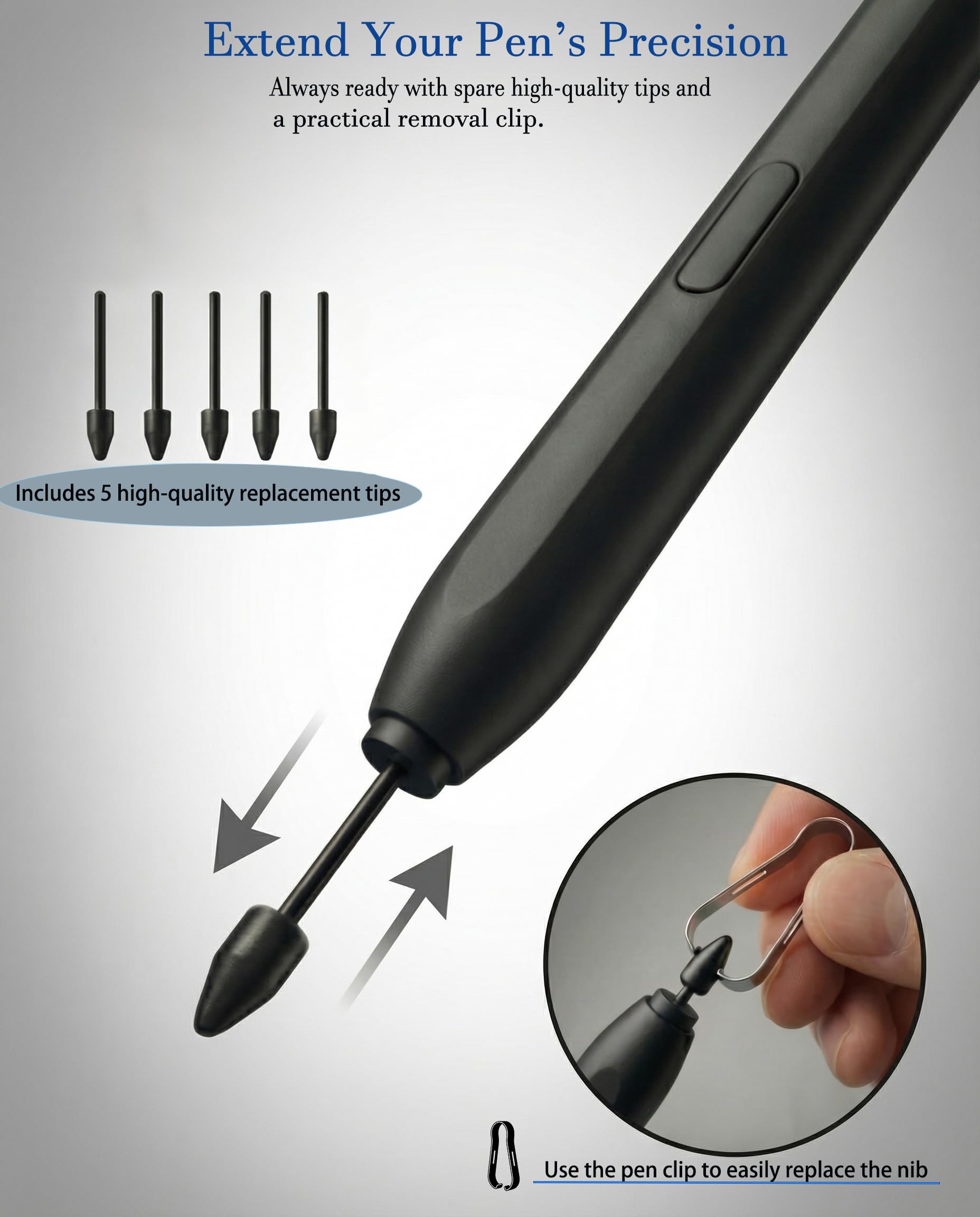 Stylet magnétique EMR compatible avec Remarkable 1/2, Kindle Scribe et Samsung, stylo numérique de rechange avec gomme, 4096 niveaux de pression, support d'inclinaison, rejet de paume, 5