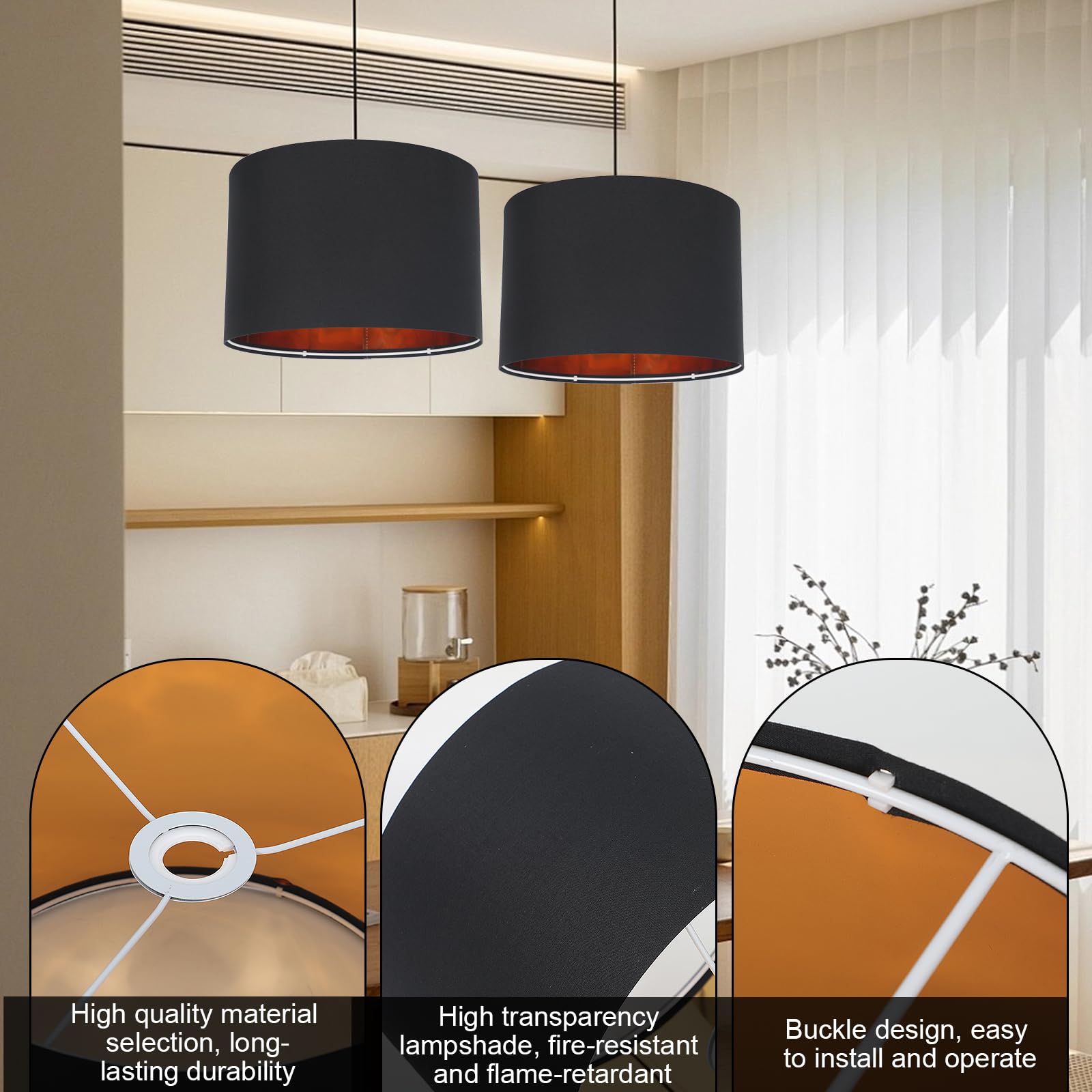 Klosz lampy okrągły, materiał na lampę stołową, lampy wiszące, lampy stojące, do oprawy E14, E27, lniany abażur do salonu i sypialni (czarny + złoty)
