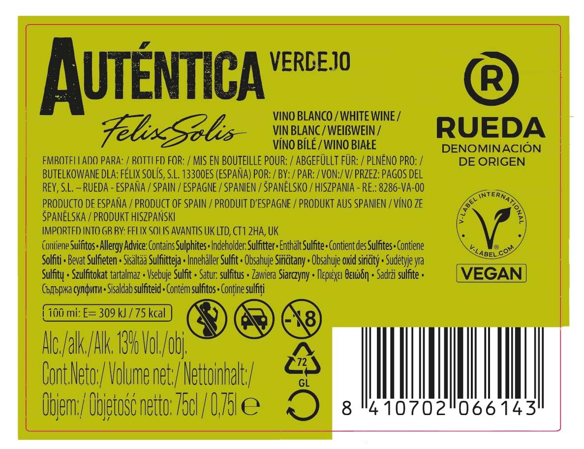 La Auténtica Verdejo Selección Blanco D.O. Rueda - Paquete de 6 x 750 ml - Total 4500 ml
