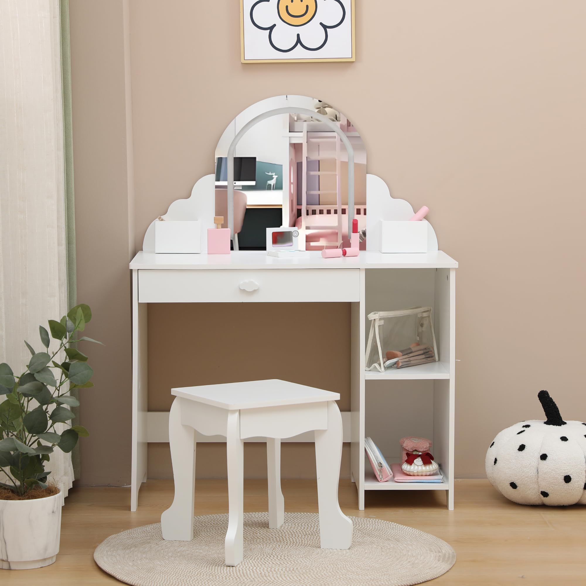 Tocador de Maquillaje Niña 2 en 1 con Luz y Espejo, Tocador Infantil con Luces LED Ajustables, Tocador Niña Madera con Taburete, Cajones y Estantes