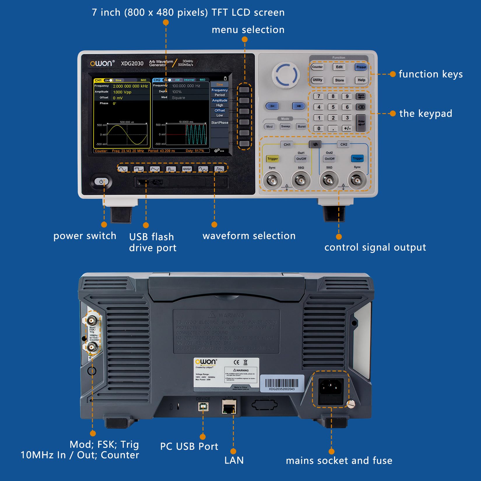 OWON Funktionsgenerator XDG2030, Signalgenerator, Funktionsgeber 2 Kanäle 30MHz, Arbitrary Waveform Generator, Signalgenerator 500MSa/s Sample Rate, Waveform Generator mit 7 Zoll TFT LCD Bildschirm