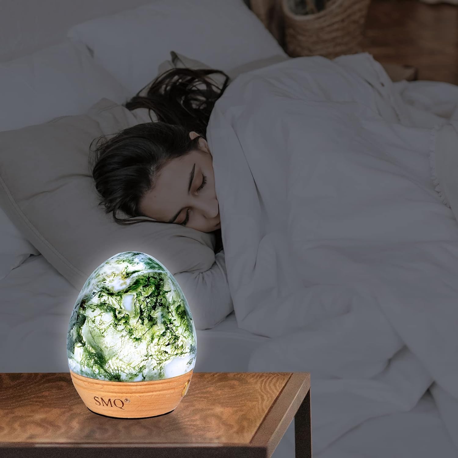SMQ Moss Agate Crystal Night Light with Rechargeable 2 Colors Touch Control Table Lamp with Wooden Base for Kids Adult Living Room Bedroom(Egg-Shape)