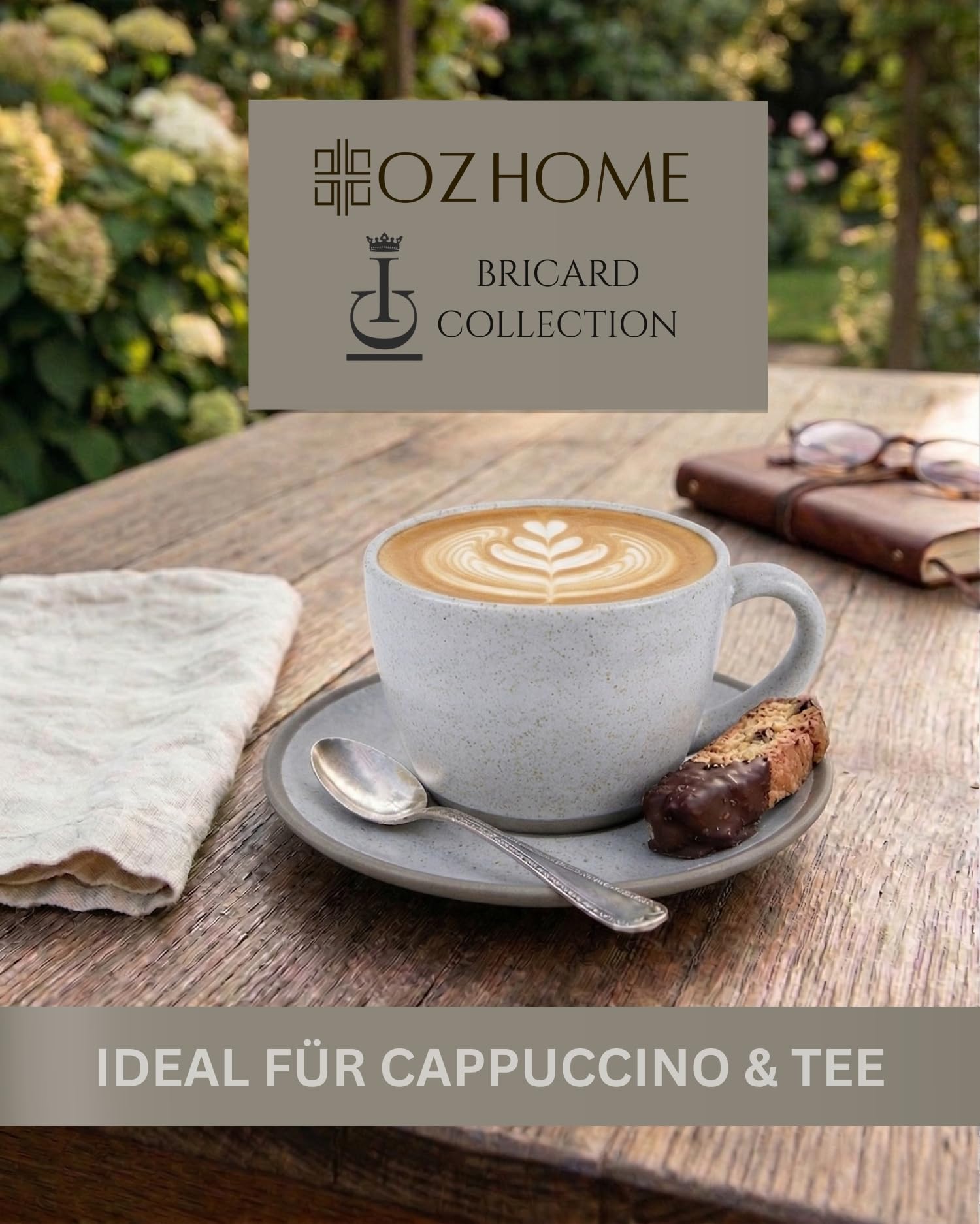 Kaffeetassen Set 12-teilig mit Untertassen, Kaffeeservice für 6 Personen | BRICARD Albi | 200 ml Keramik Hellgrau, Cappuccino Tassen, Spülmaschinen- & Mikrowellengeeignet, Geschenkset