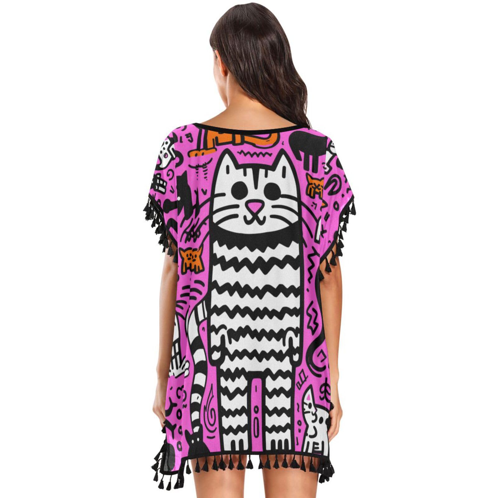 Pink Doodle Art Cat Women's Beach Cover Up Chiffon Tassel Swimwear Swimsuit Coverups for Girl