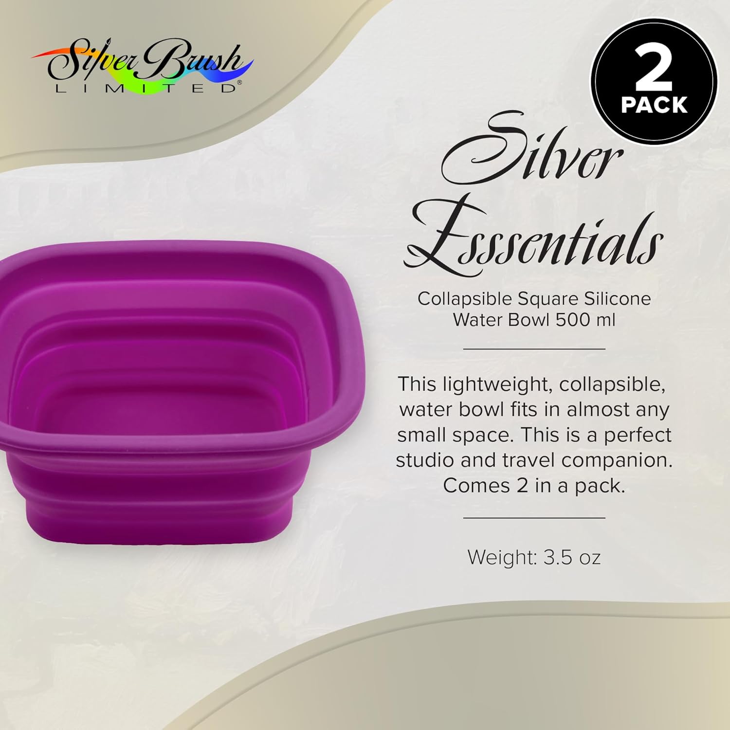 Silver Brush Limited 9058 Silver Essentials 500ml/16.9oz Square Collapsible Silicone Water Bowl, Leak-Proof Paint Brush Water Cup for Water Media, for Studio, Travel, and Plein Air, Purple, 2 Pack
