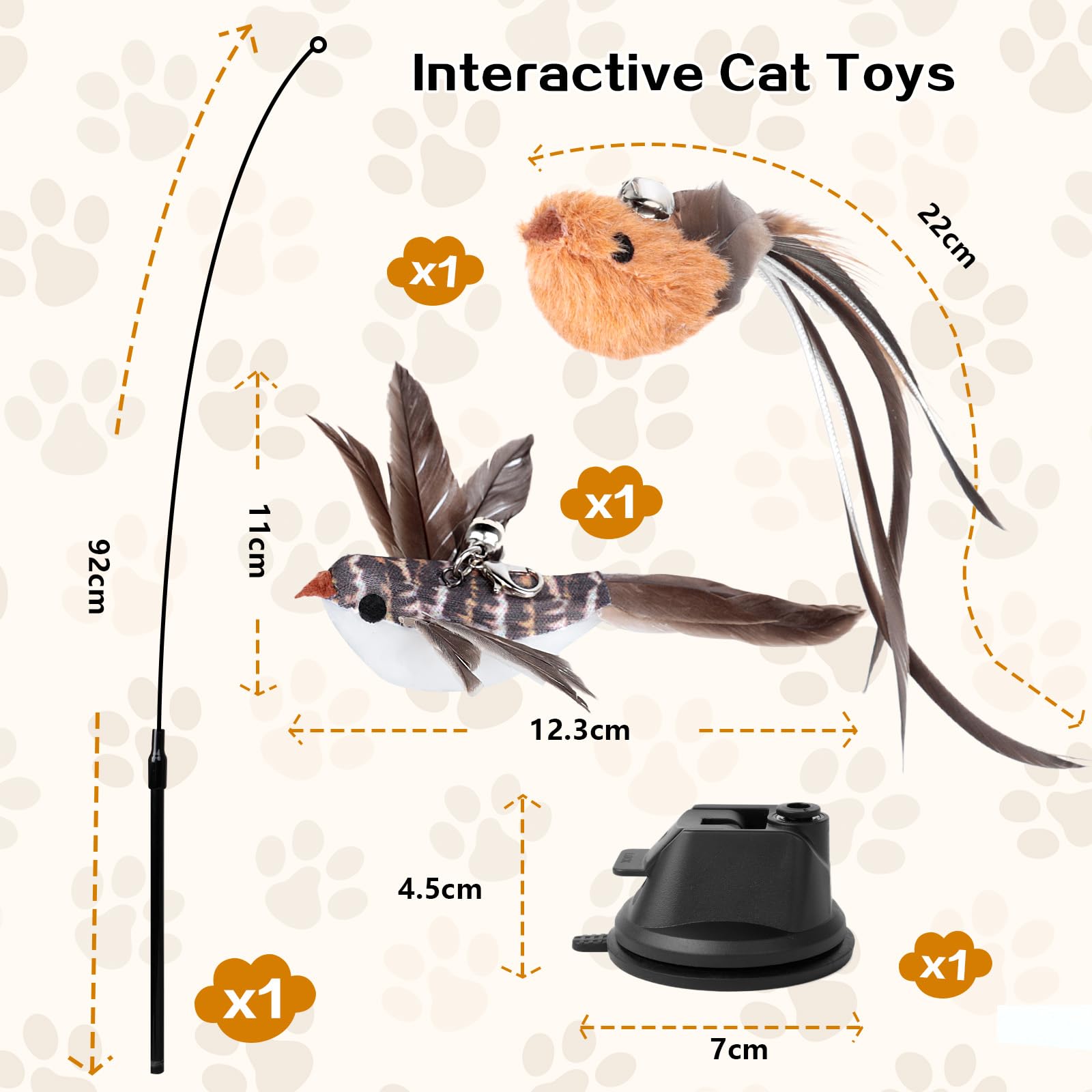 AiQInu 4 Pezzi Giochi per Gatti, Gioco Gatto Interattivo con Ventosa, 1 Canna Pesca per Gatti con 2 Uccelli a Campana, Giocattolo di Intelligenza per Gatti a Bacchetta