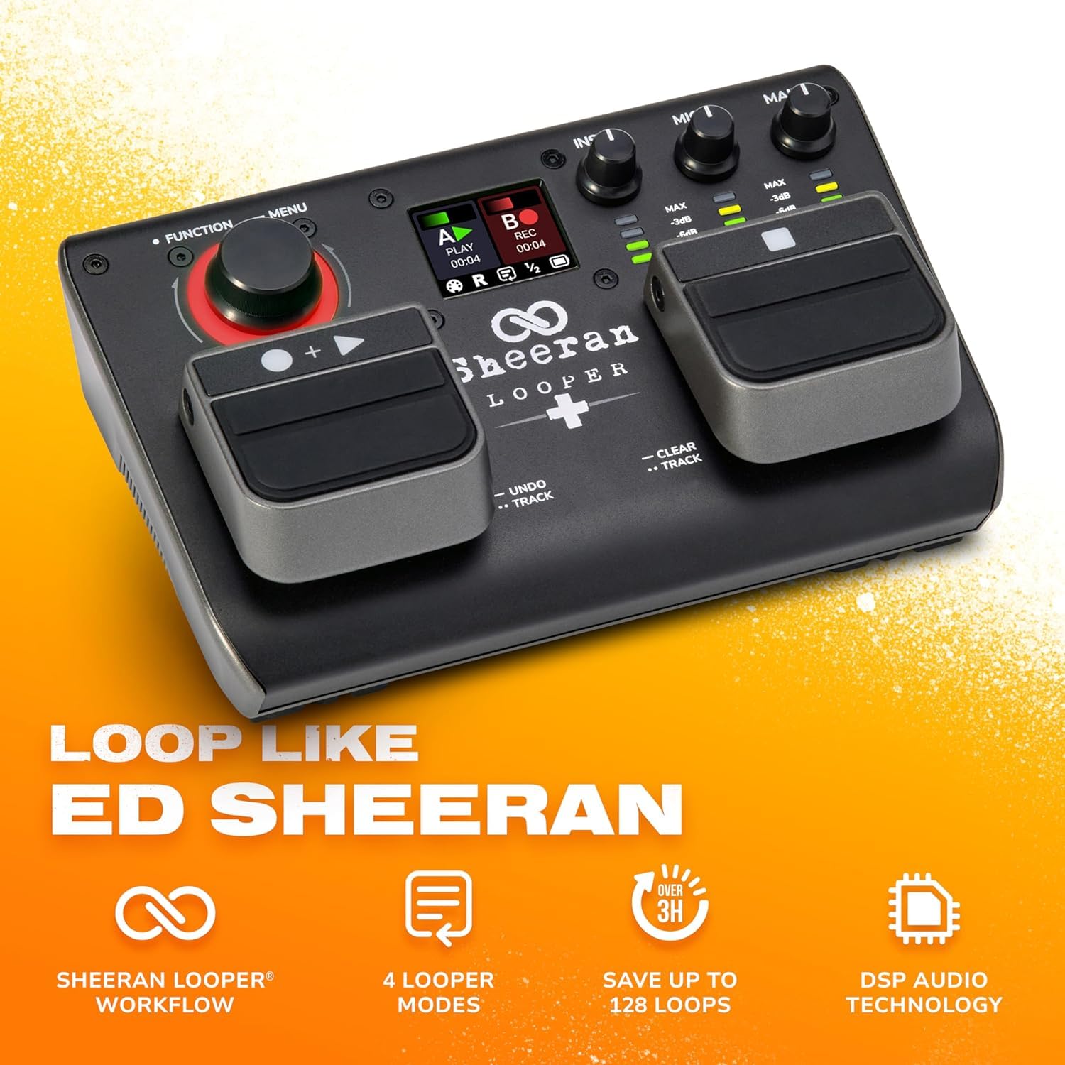 SHEERAN LOOPER + Dual Track Pedal für Gitarre, Bass, Keyboard, Vocals und mehr, mit 128 Loops Speicher, 4 Looping Modi, LED-Display und Audiointerface und Hardcase