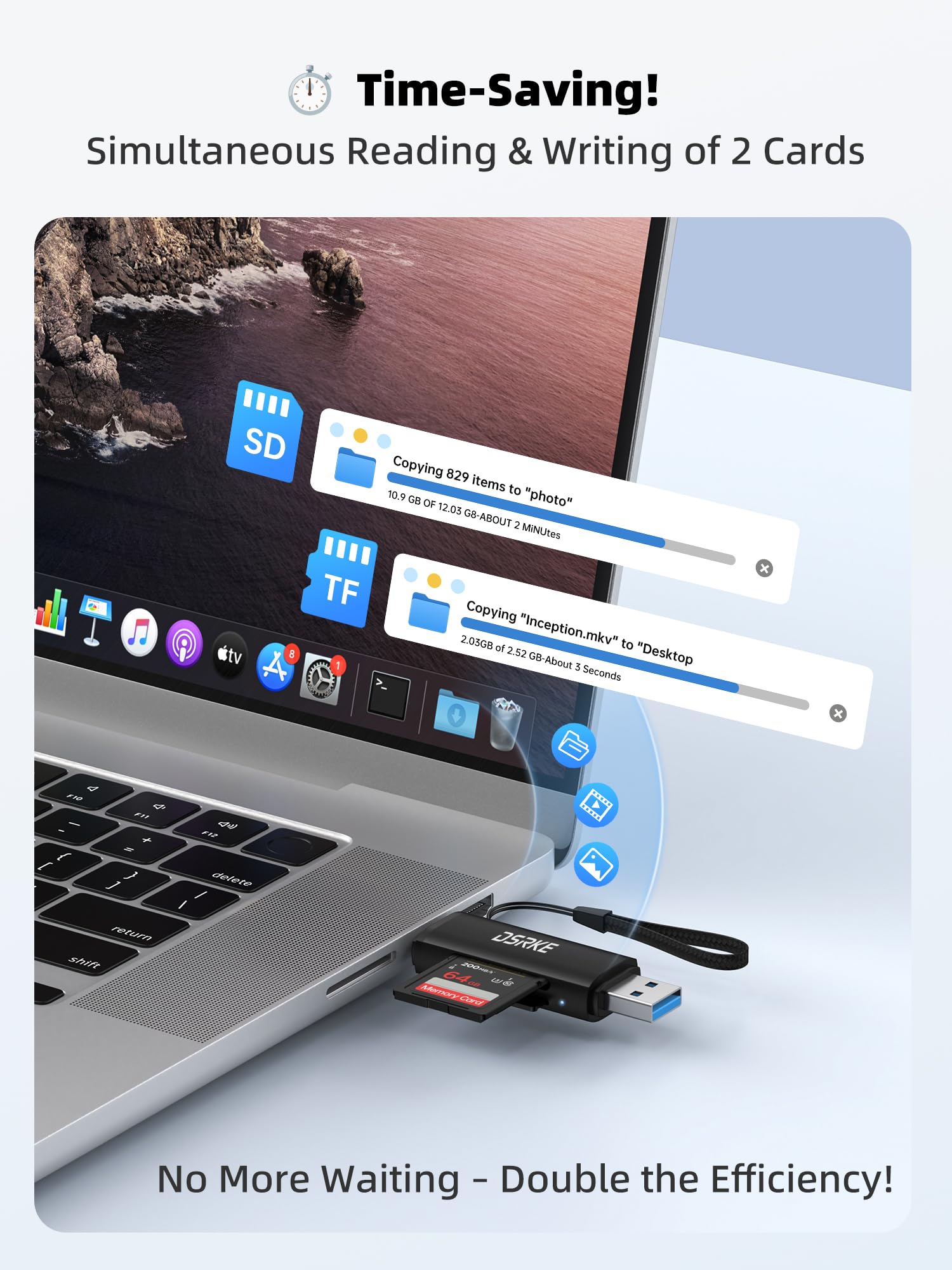 Czytnik Kart SD USB C & USB 3.0, 2-w-1 Aluminiowy Adapter Kart Pamięci kompatybilny z iPhone 17 16 15, Galaxy S26 S25, MacBook, iPad, Android, Zewnętrzny Adapter SD Micro SD UHS-I, Czarny