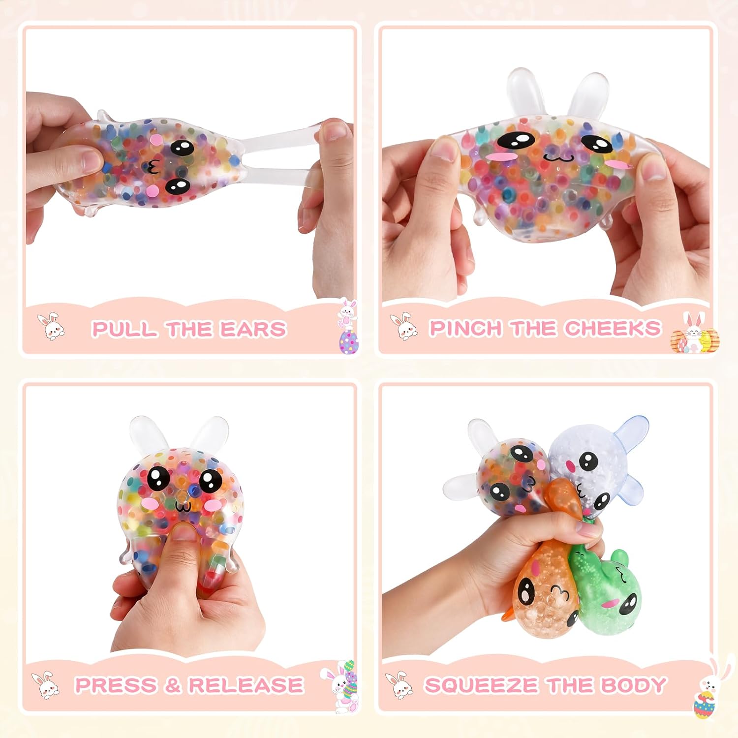 Easter Basket Stuffers – 4 Pack Bunny Squishy Stress Balls for Kids and Adults, Non-Candy Easter Gifts, Silicone Easter Basket Toys & Egg Fillers