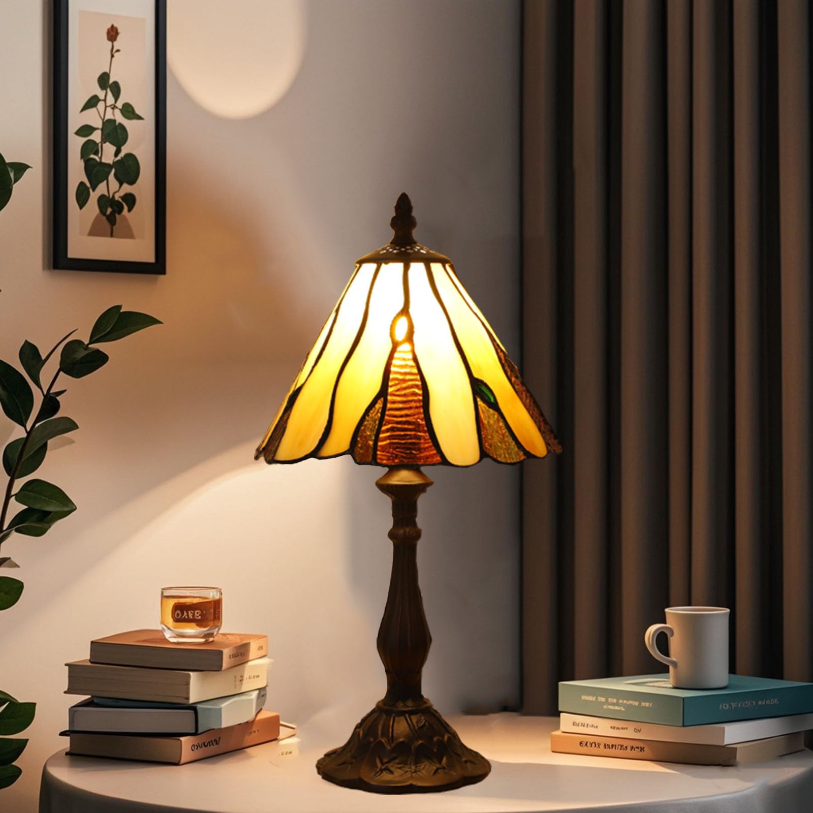 Tiffany Tischlampe, Vintage Glaslampenschirm, Dekorative Nachttischleuchte, Antik Bronze Tischleuchte mit E14 Fassung