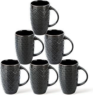 AmorArc Large Coffee Mugs Set of 6, 20oz Ceramic Tall Coffee Mugs Set with Textured Patterns for Coffee/Tea/Beer/Hot Cocoa, Dishwasher & Microwave Safe-Black