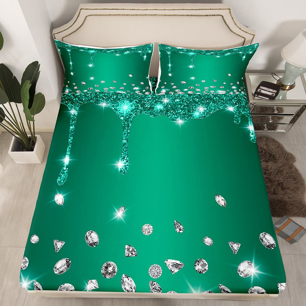 Juego de sábanas de diamantes con purpurina para niños y niñas, sábana bajera ajustable brillante para niños, mujeres y hombres, textura de lujo suave, colorido y moderno, juego de ropa de cama para