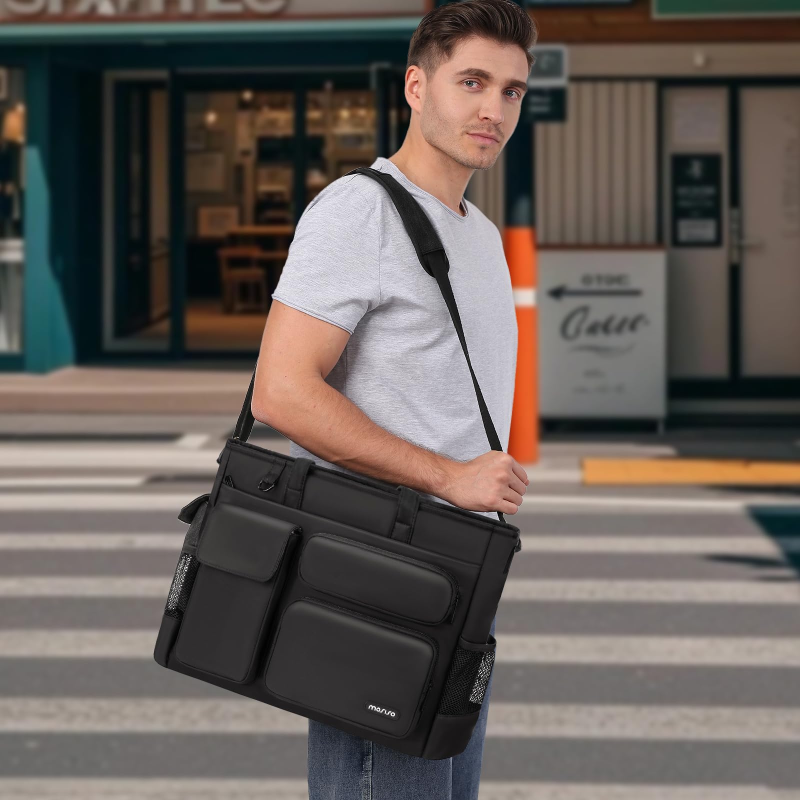 MOSISO Bolso Tote Portátil, Bolso Portátil 15-15,6 Pulgadas | Bolsos Bandolera Gran Capacidad para Ordenador Trabajo Portavasos&Compartimento Portátil&Cinturón Trasero para Trabajo, Negro