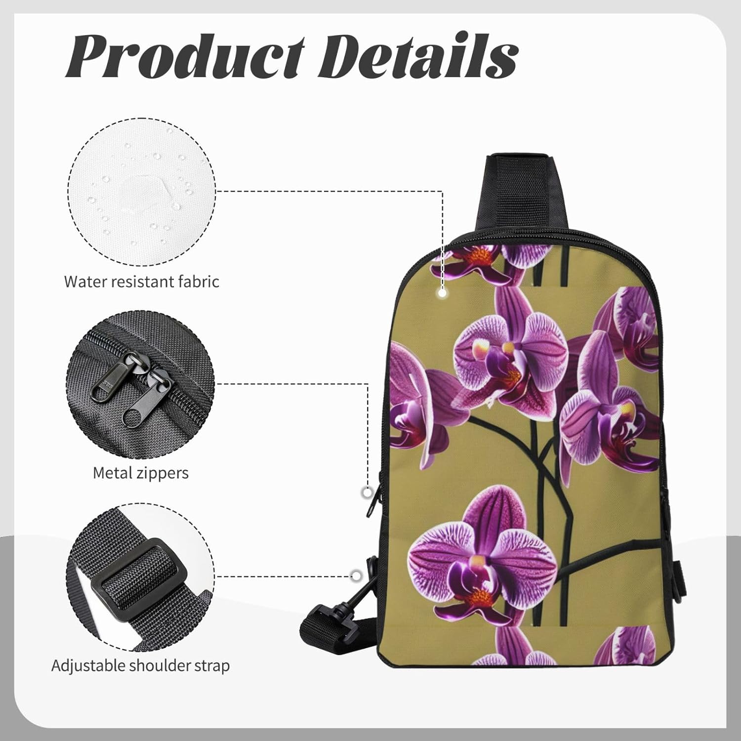 Orchids Adjustable Strap Large Capacity Double Layer Crossbody Chest Bag 7.7x2.4x11.8in For Camping Travel Daily Leisure Activities