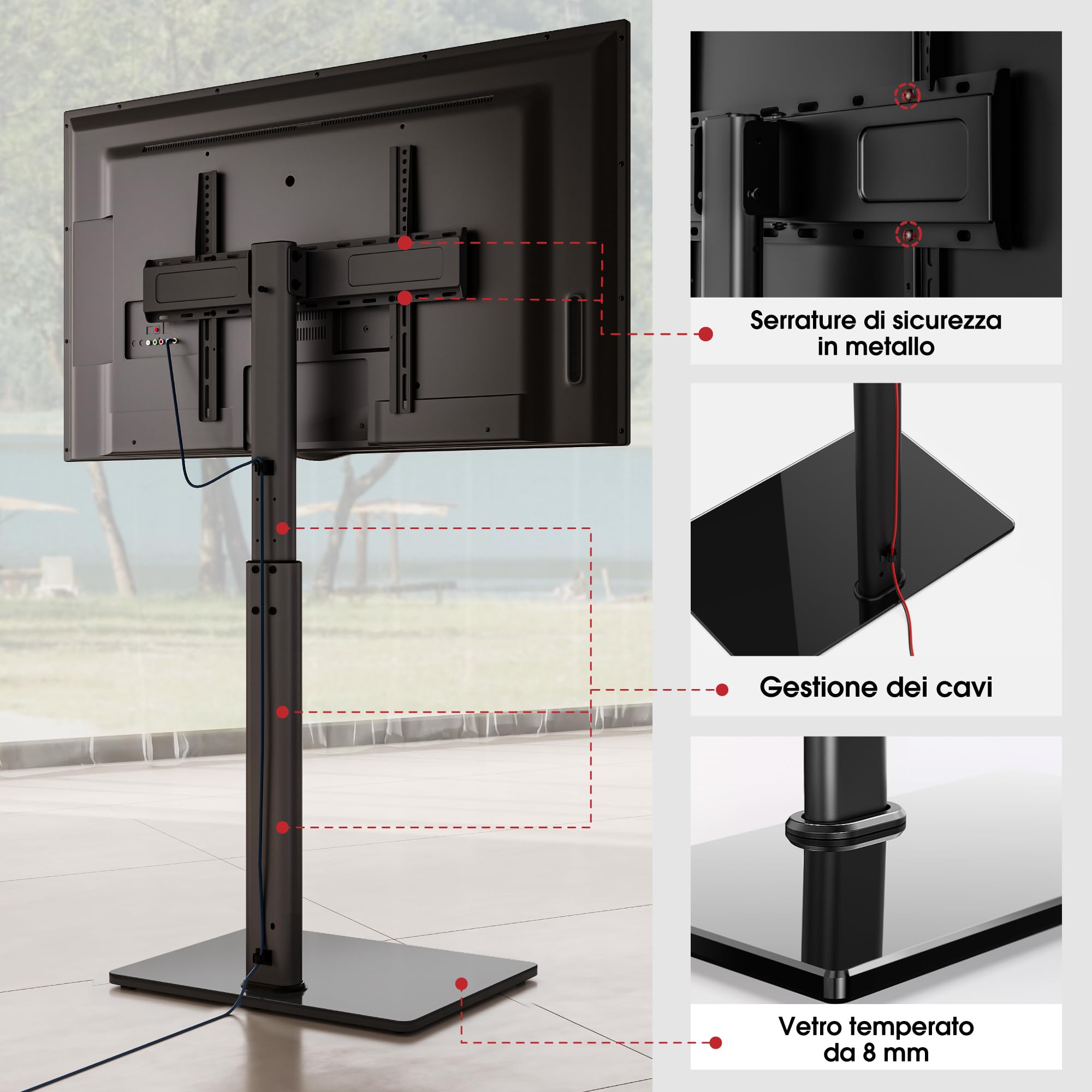 AOKCOS Supporto TV da Pavimento Girevole per 42-85 Pollici, inclinabile & Girevole & Altezza Regolazione Mobile Porta TV da Terra, Universale Max VESA 600x400mm 50kg