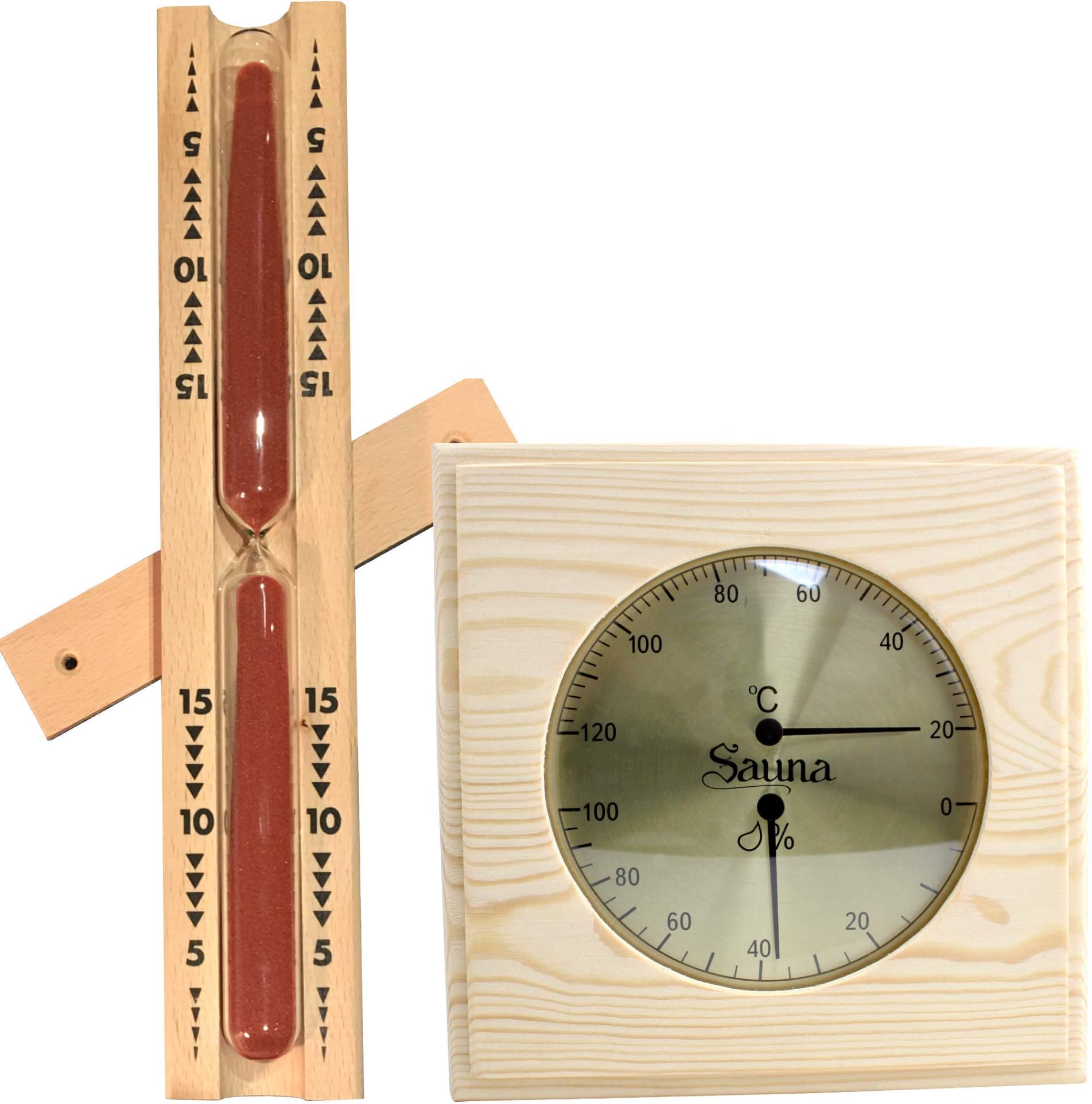 Weigand Sauna Thermometer Hygrometer Combination & Hourglass Set Climate Meter in Beautiful Wooden Frame Classic Hourglass 15 Minutes with Dark Red Sand Accessories Sauna