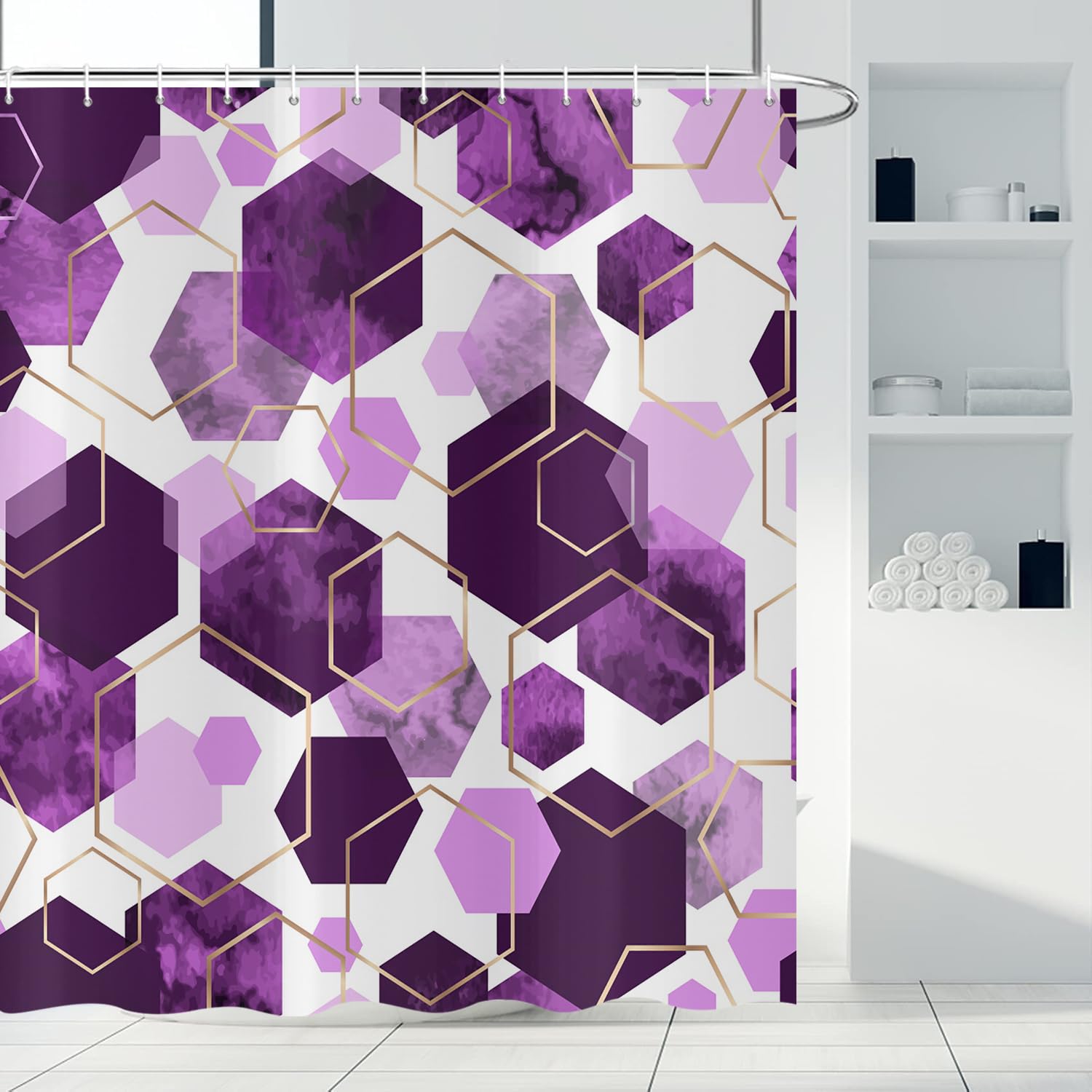 ASDCXZ Purple Duschvorhang 120x200 cm, Modern Abstract Art Geometric Purple Gold Hexagon Pattern Waterproof Bath Curtain Polyester Textile Washable Shower Curtains for Bathtub with 8 Hooks