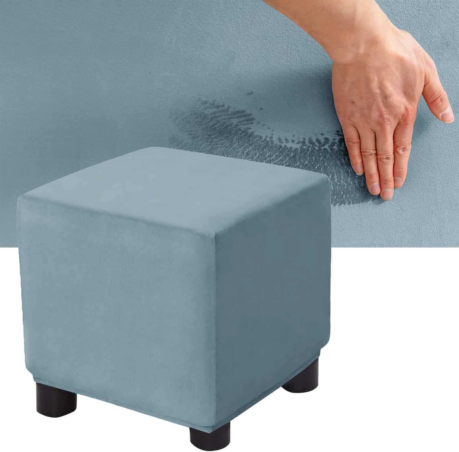 1pc High Stretch Ektorp Ottoman Cover Square/Rectangle, Velvet Storage Stool Cover Footstool Covers with 2 Nonslip Elastic Straps (Light Blue,1pc Square L)