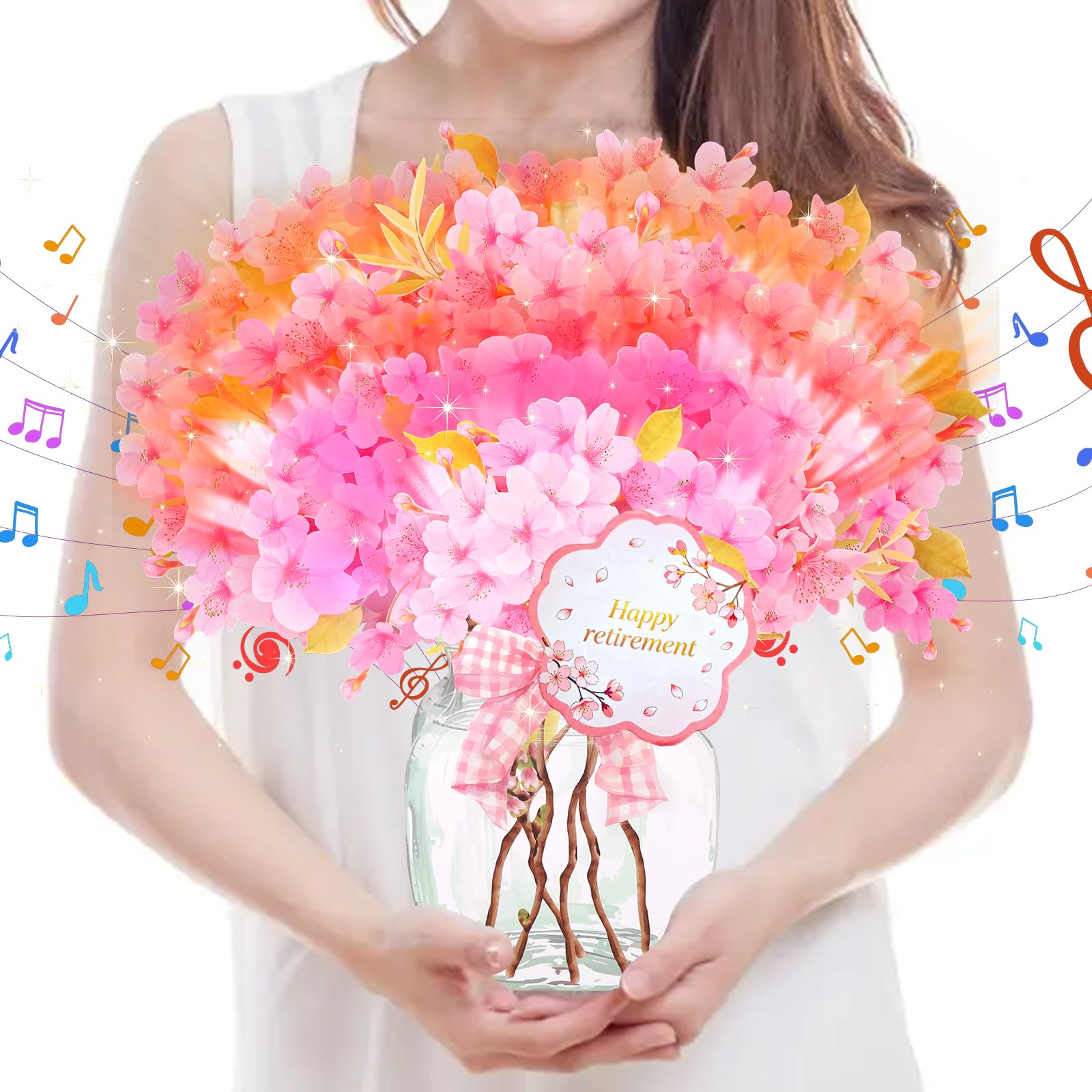 Musical Retirement Card for Women, 3D Pop Up Cherry Blossom with Music & Light – Pollen-Free, Retirement Gift for Women, Mum, Boss, Colleague, Friend