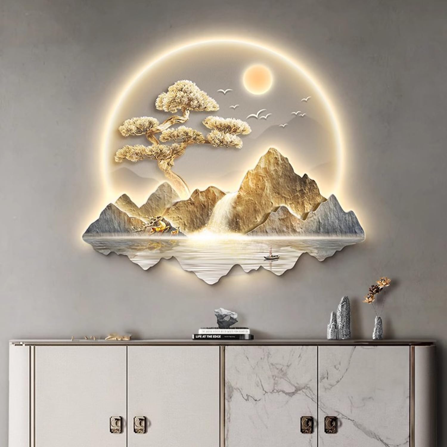 Malarstwo ścienne 3D Rzeźba wisząca na ścianie ， Dekoracja ścienna LED w stylu chińskim, dekoracja ścienna Zen Wall Art Nightlight, witający obraz ścienny z sosną(B,48 * 55cm)